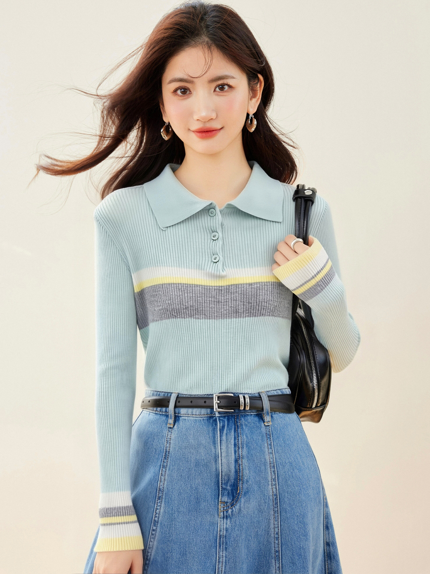 實拍◆有◆2026學院風撞色套頭針織衫上衣女修身顯瘦polo打底襯衫