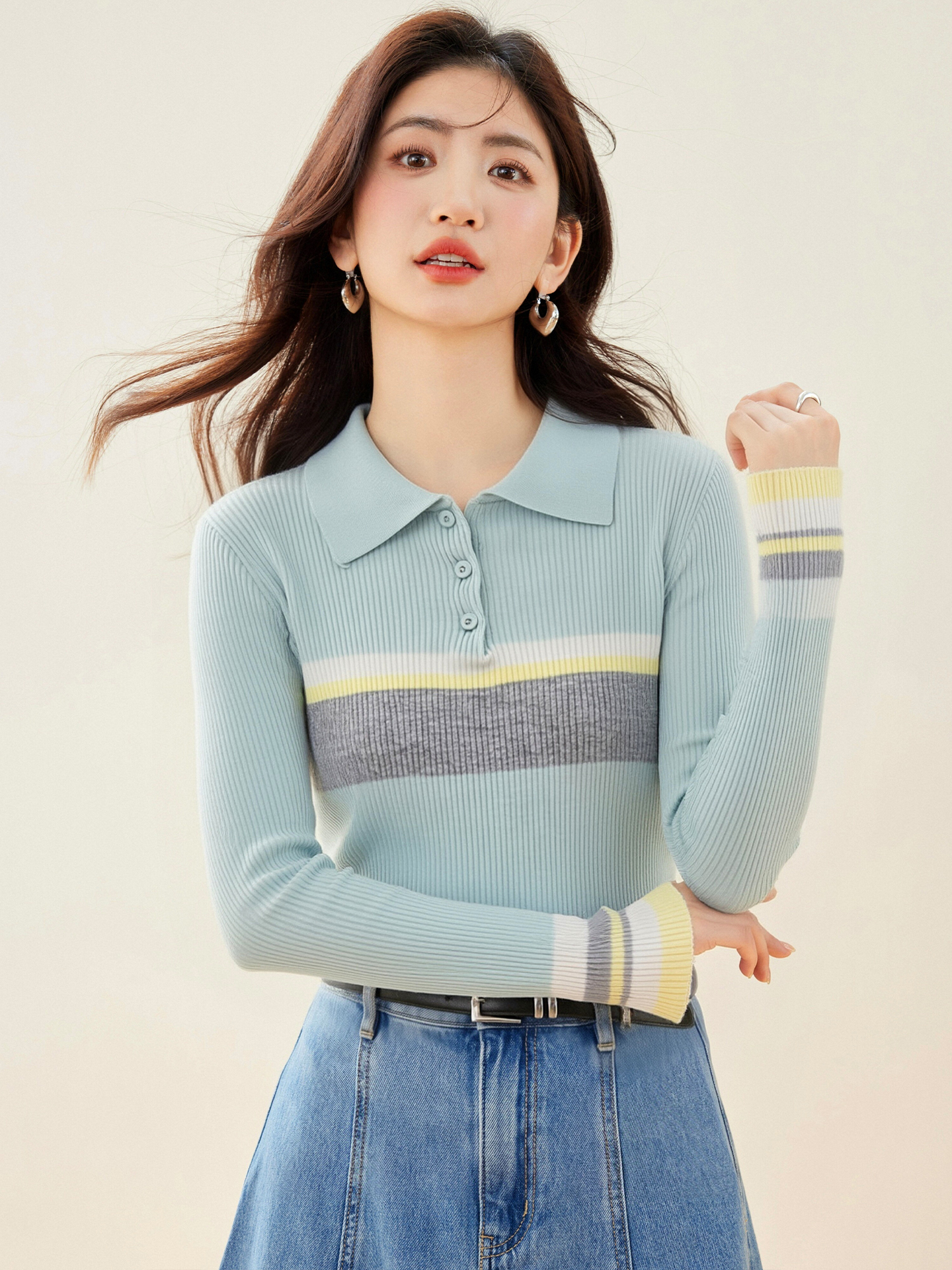實拍◆有◆2026學院風撞色套頭針織衫上衣女修身顯瘦polo打底襯衫