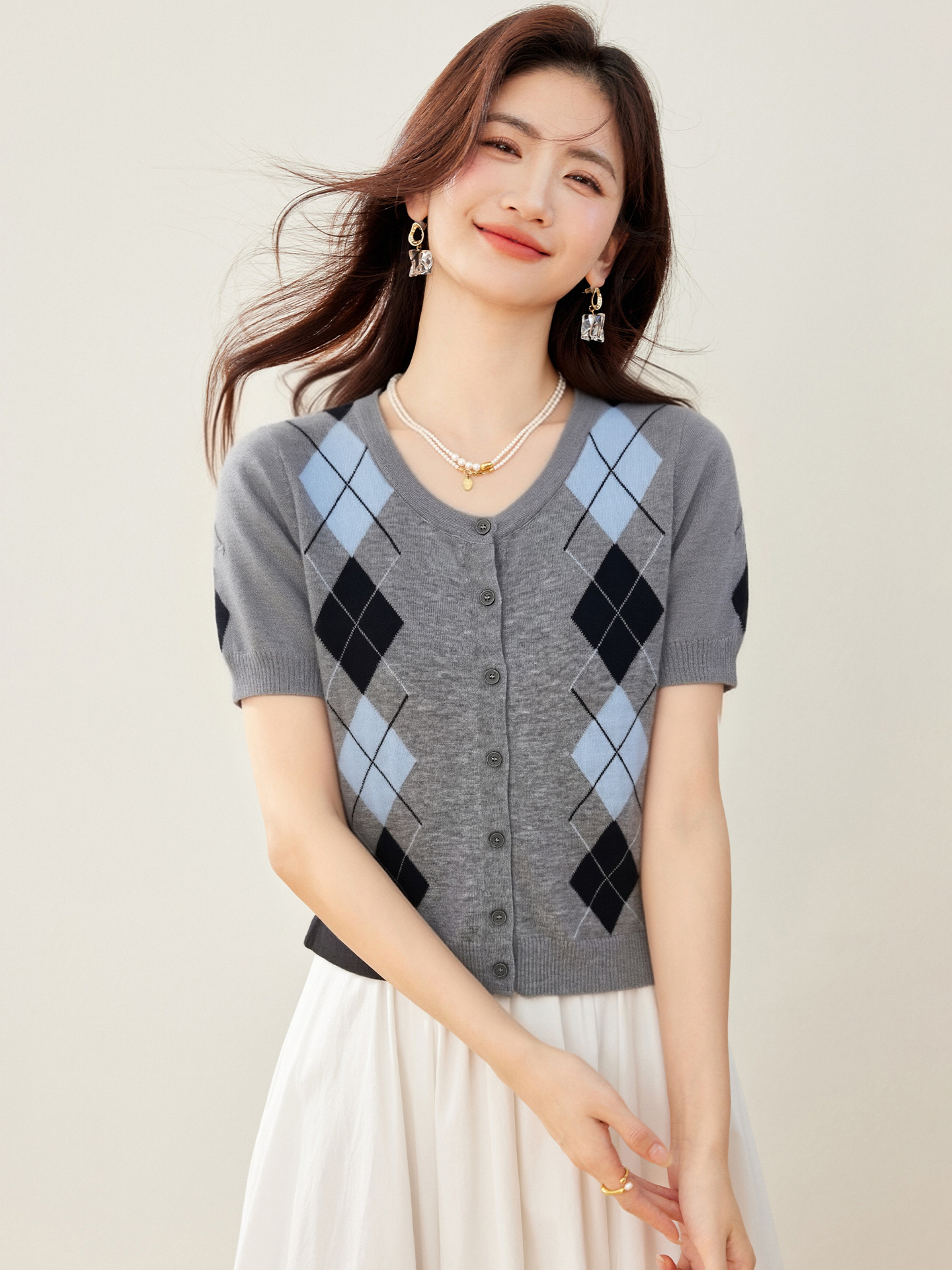 實拍◆有◆2026復古菱格圓領單排扣短袖開衫女文藝撞色外穿上衣