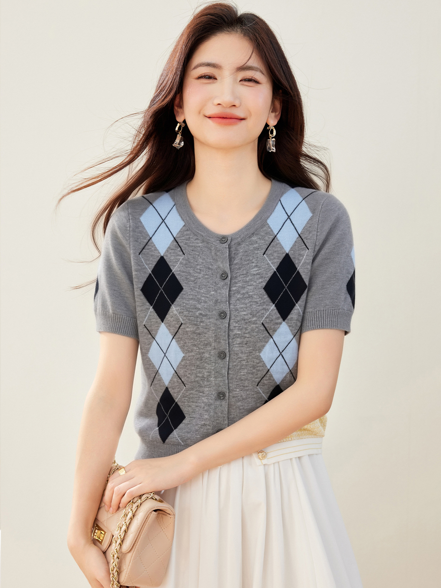 實拍◆有◆2026復古菱格圓領單排扣短袖開衫女文藝撞色外穿上衣