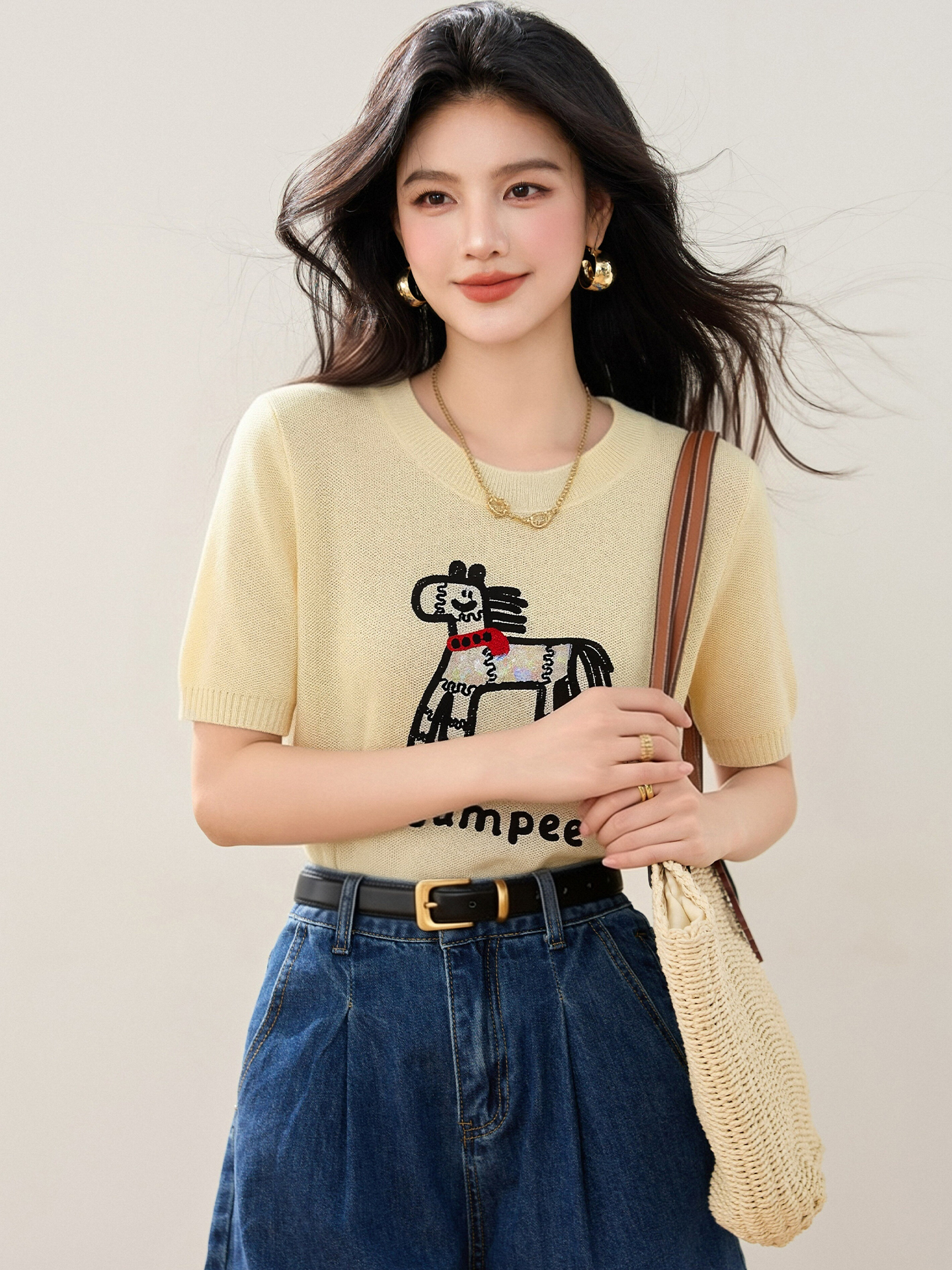 實拍◆有◆2026韓系溫柔風小馬圖案針織T恤女夏薄款顯瘦減齡短袖
