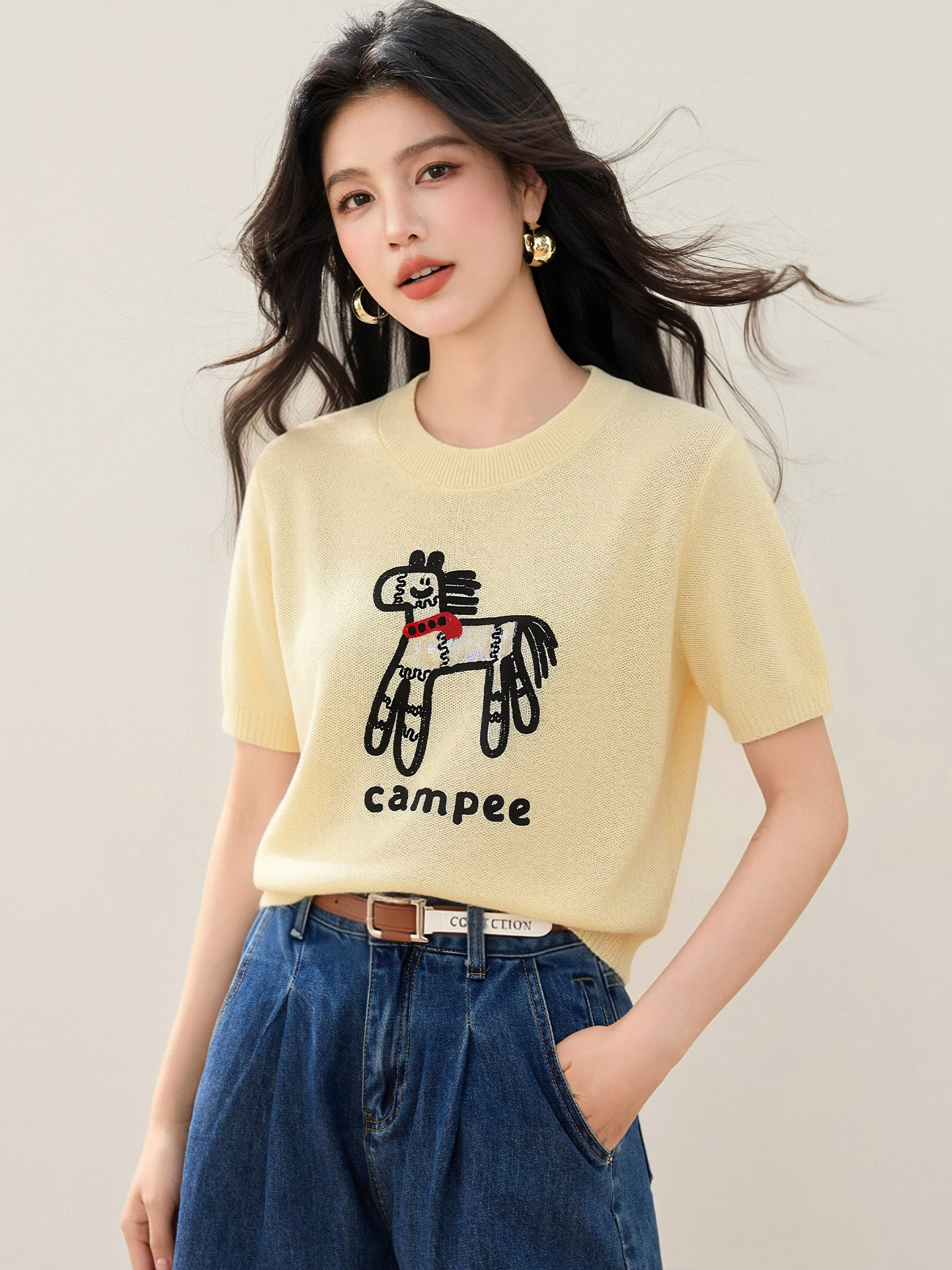 實拍◆有◆2026韓系溫柔風小馬圖案針織T恤女夏薄款顯瘦減齡短袖