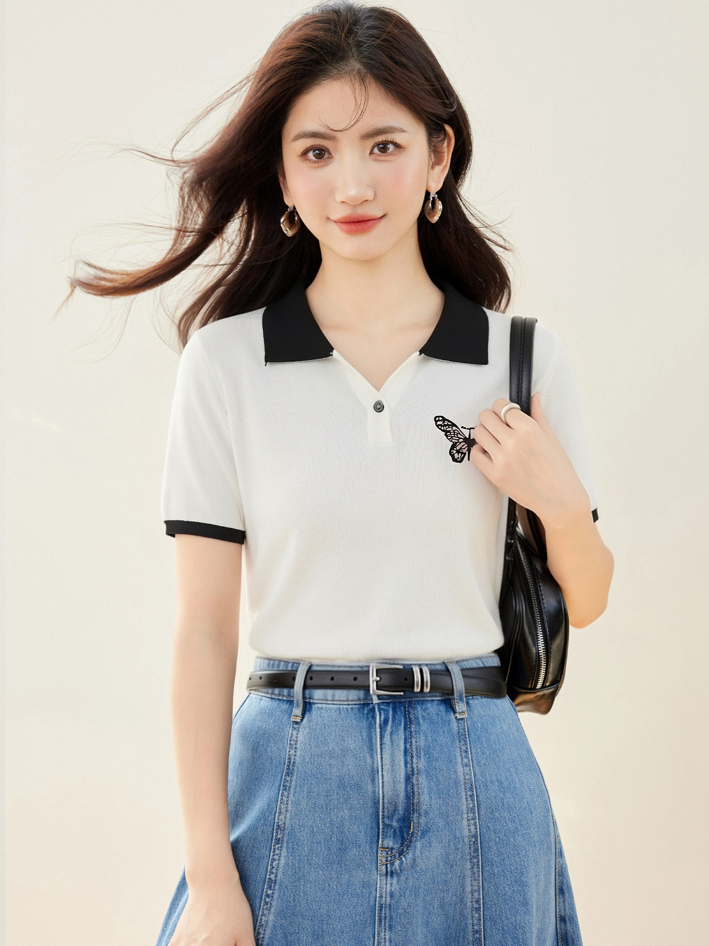 實拍◆有◆2026撞色POLO領短袖女夏新款減齡蝴蝶印花正肩體恤上衣
