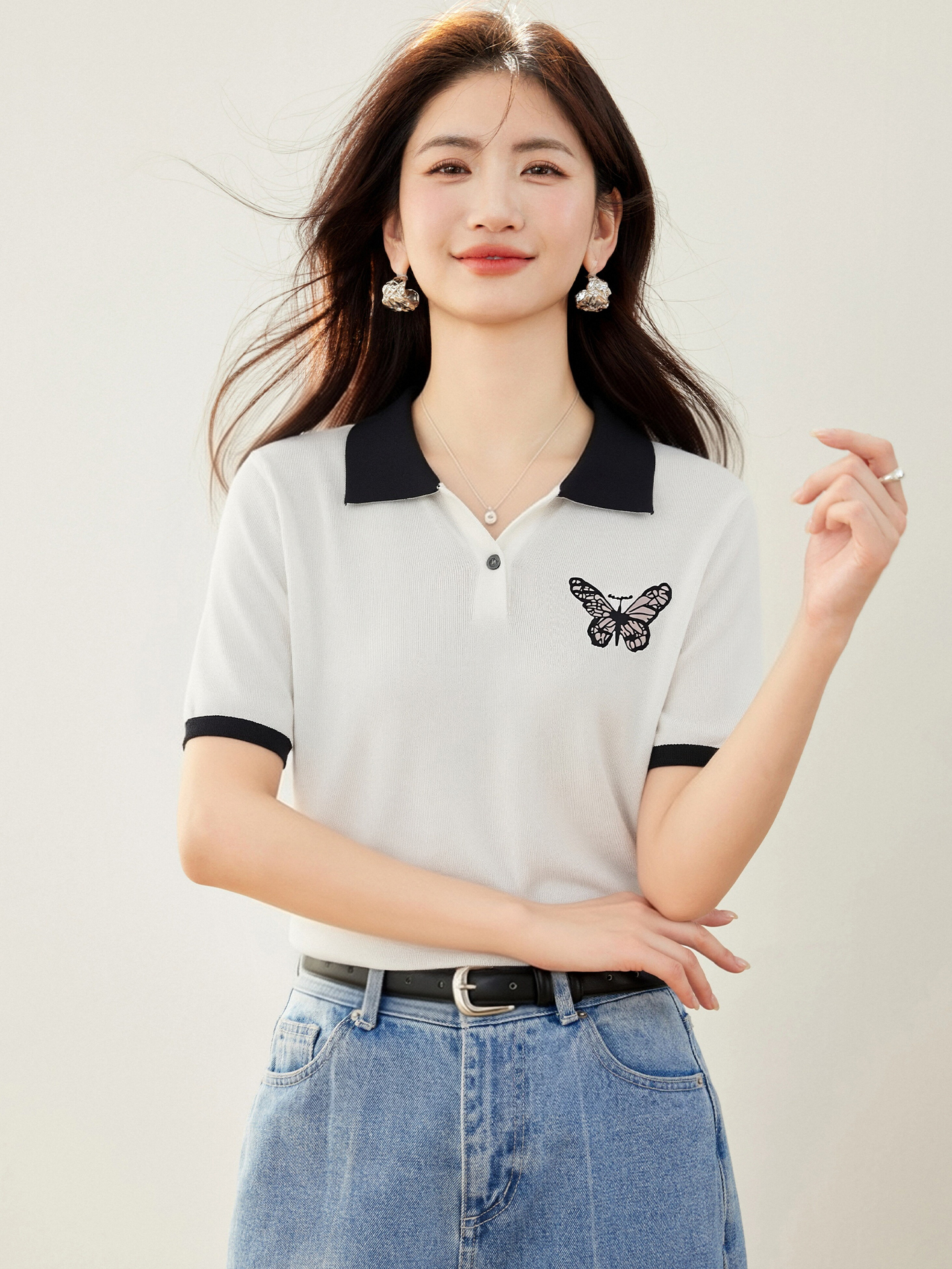實拍◆有◆2026撞色POLO領短袖女夏新款減齡蝴蝶印花正肩體恤上衣