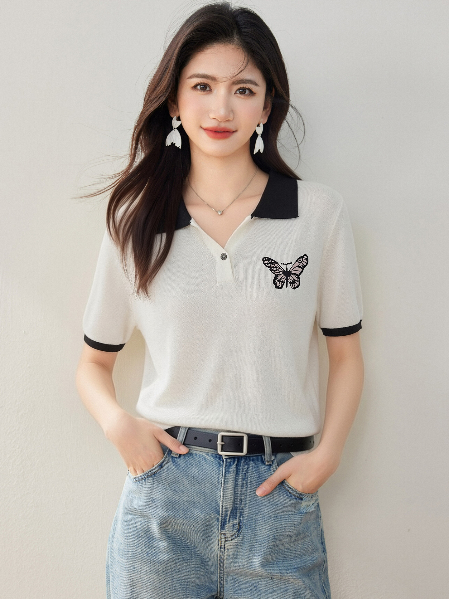 實拍◆有◆2026撞色POLO領短袖女夏新款減齡蝴蝶印花正肩體恤上衣