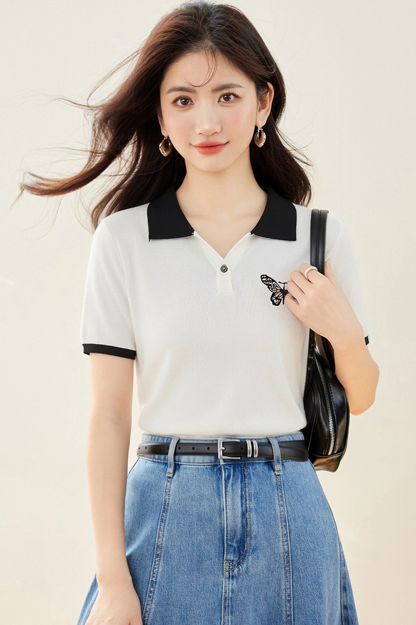 實拍◆有◆2026撞色POLO領短袖女夏新款減齡蝴蝶印花正肩體恤上衣
