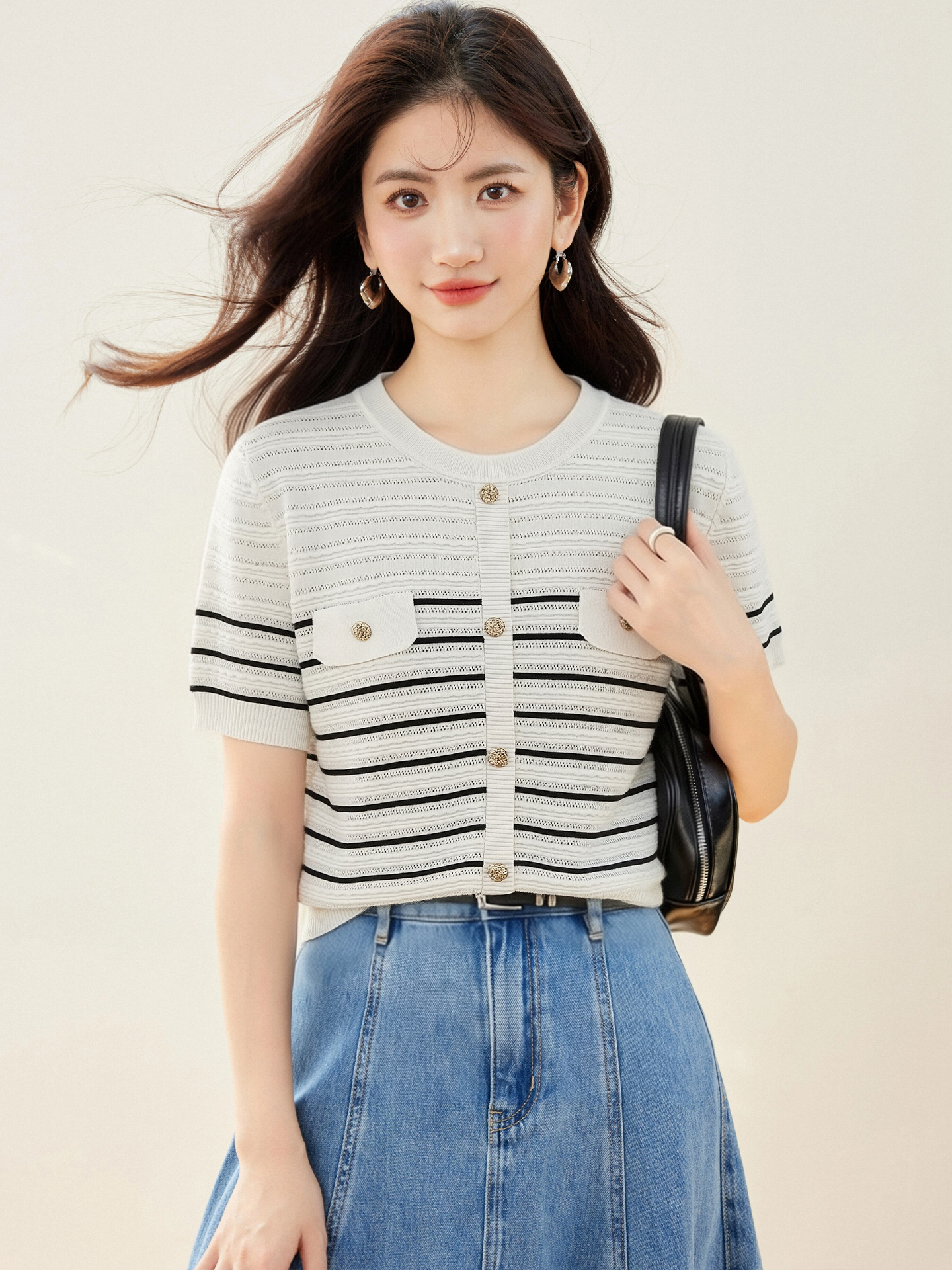 實拍◆有◆2026小香風條紋杏色圓領針織短袖新款夏正肩設計感上衣