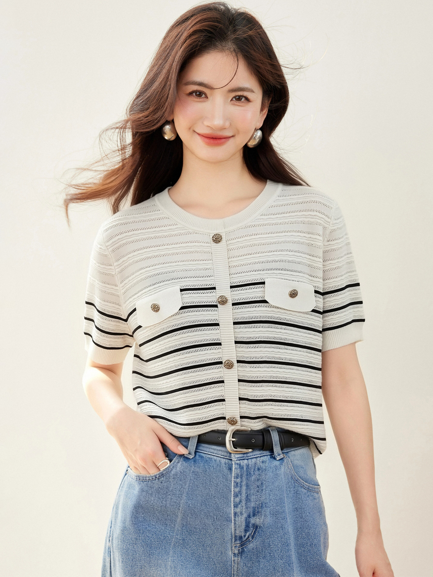 實拍◆有◆2026小香風條紋杏色圓領針織短袖新款夏正肩設計感上衣