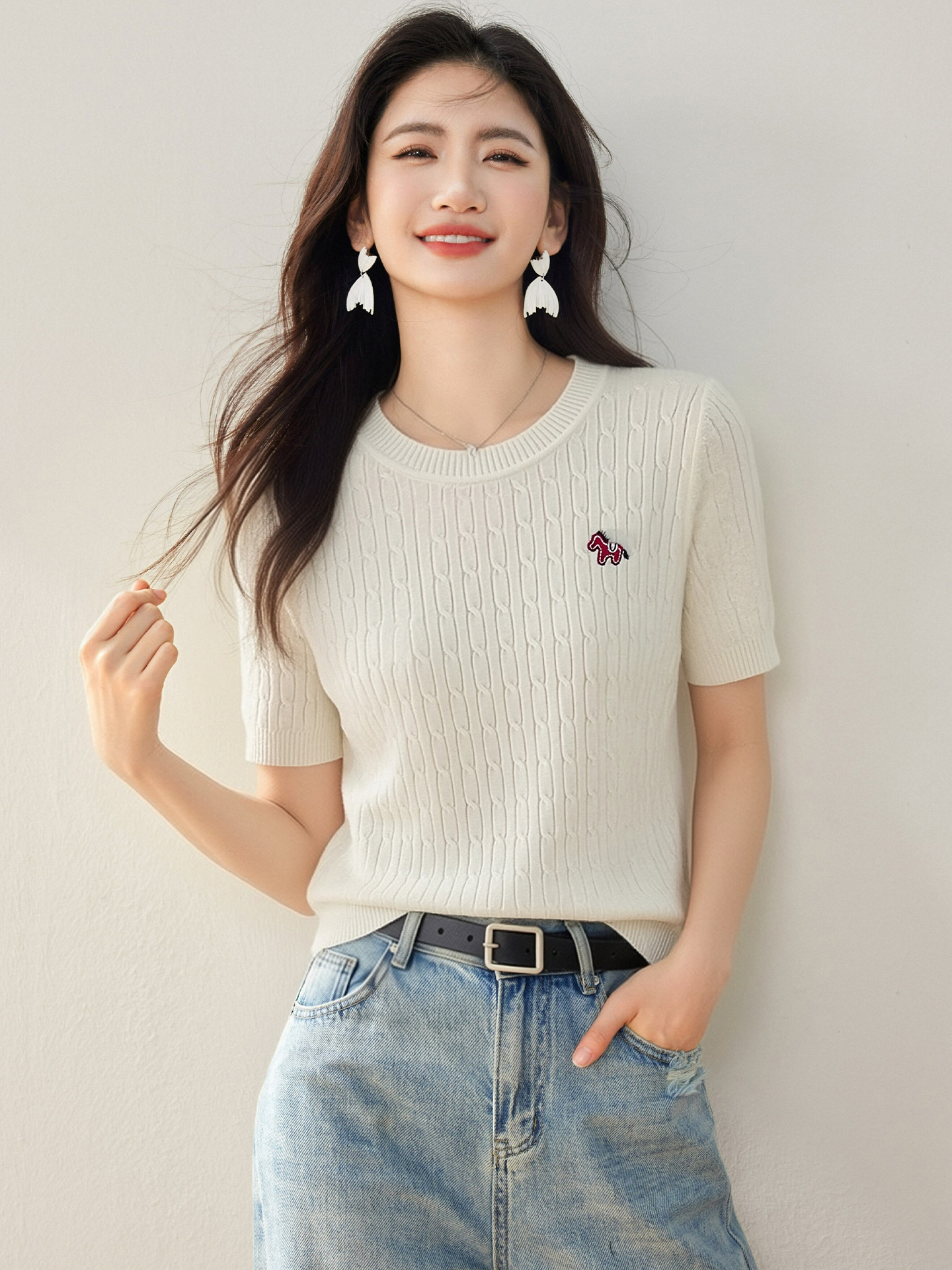 實拍◆有◆2026韓系純色刺繡圓領針織短袖毛衣女t恤夏季新款上衣