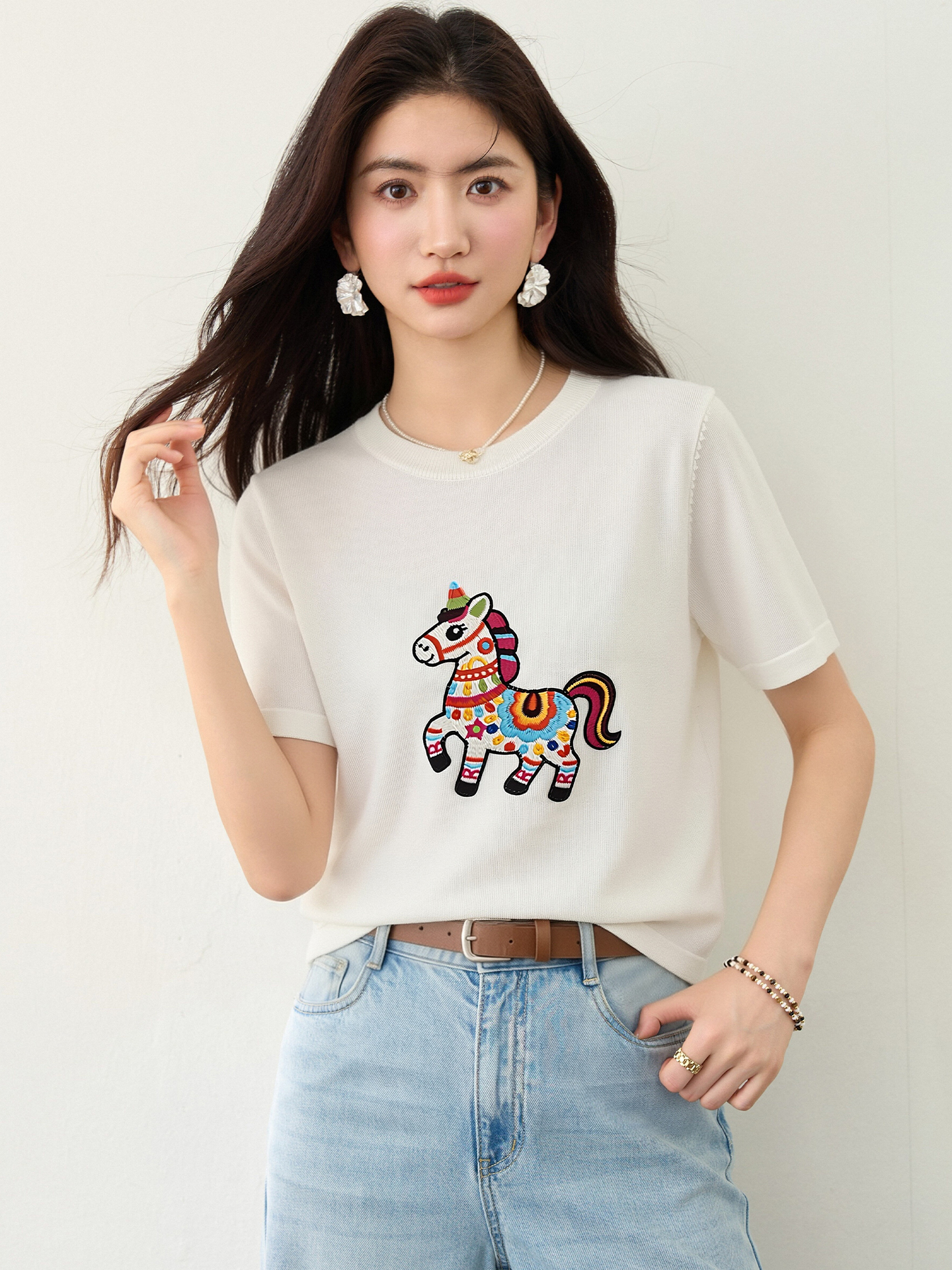實拍◆有◆2026紅色小馬早春雙面棉設計感寬松中長款短袖T恤女