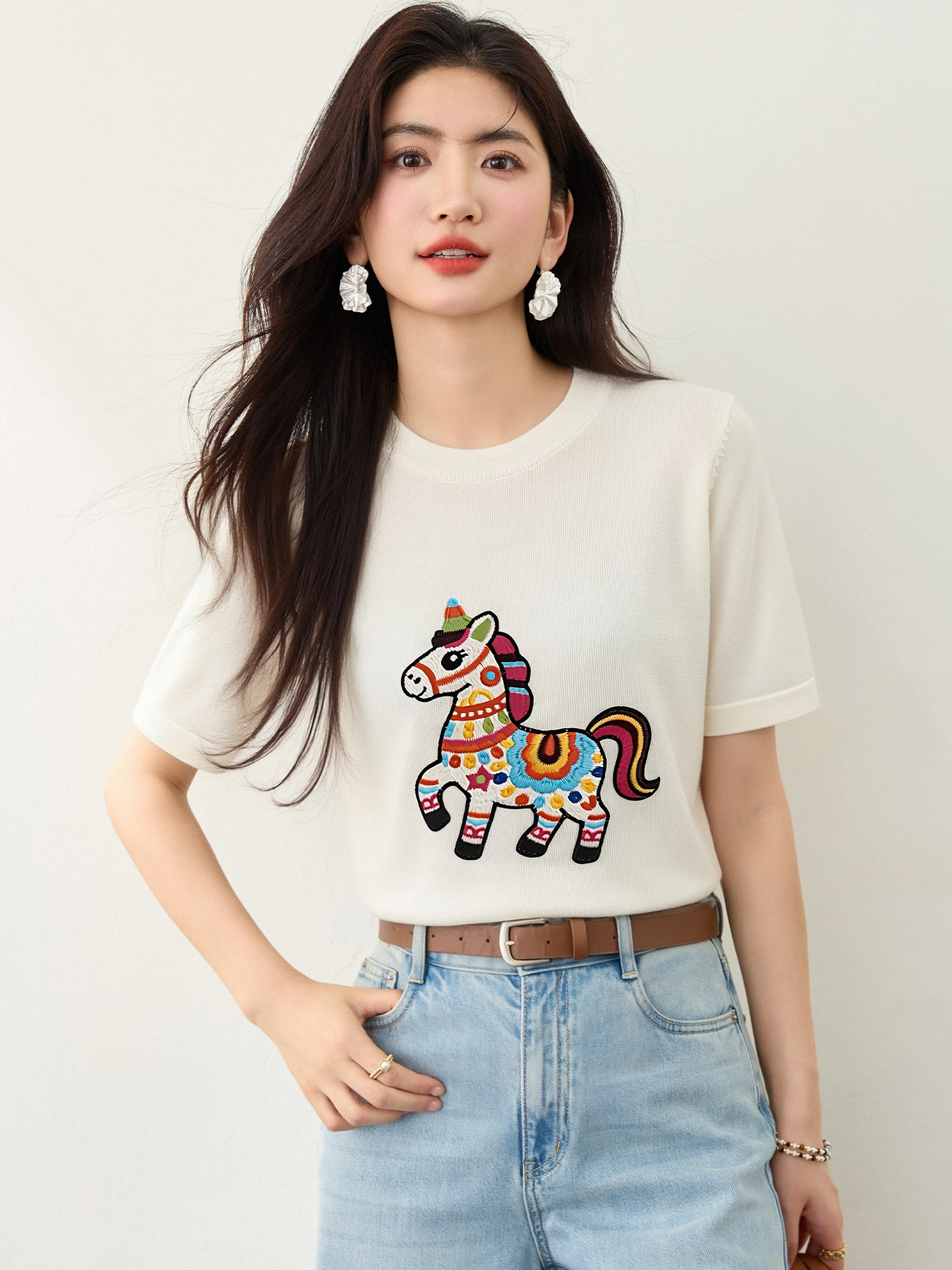 實拍◆有◆2026紅色小馬早春雙面棉設計感寬松中長款短袖T恤女