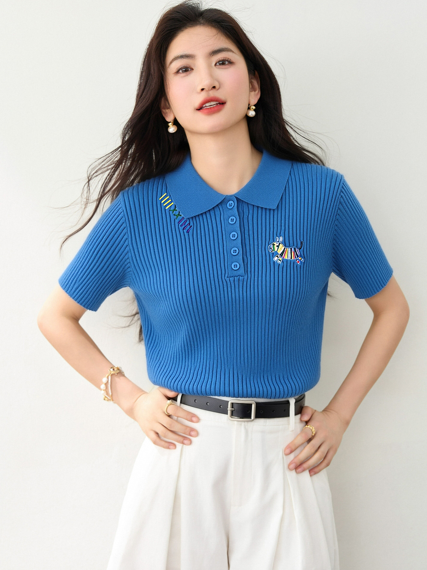 實拍◆有◆2026夏季藍色正肩短袖針織衫夏洋氣減齡時尚polo領上衣