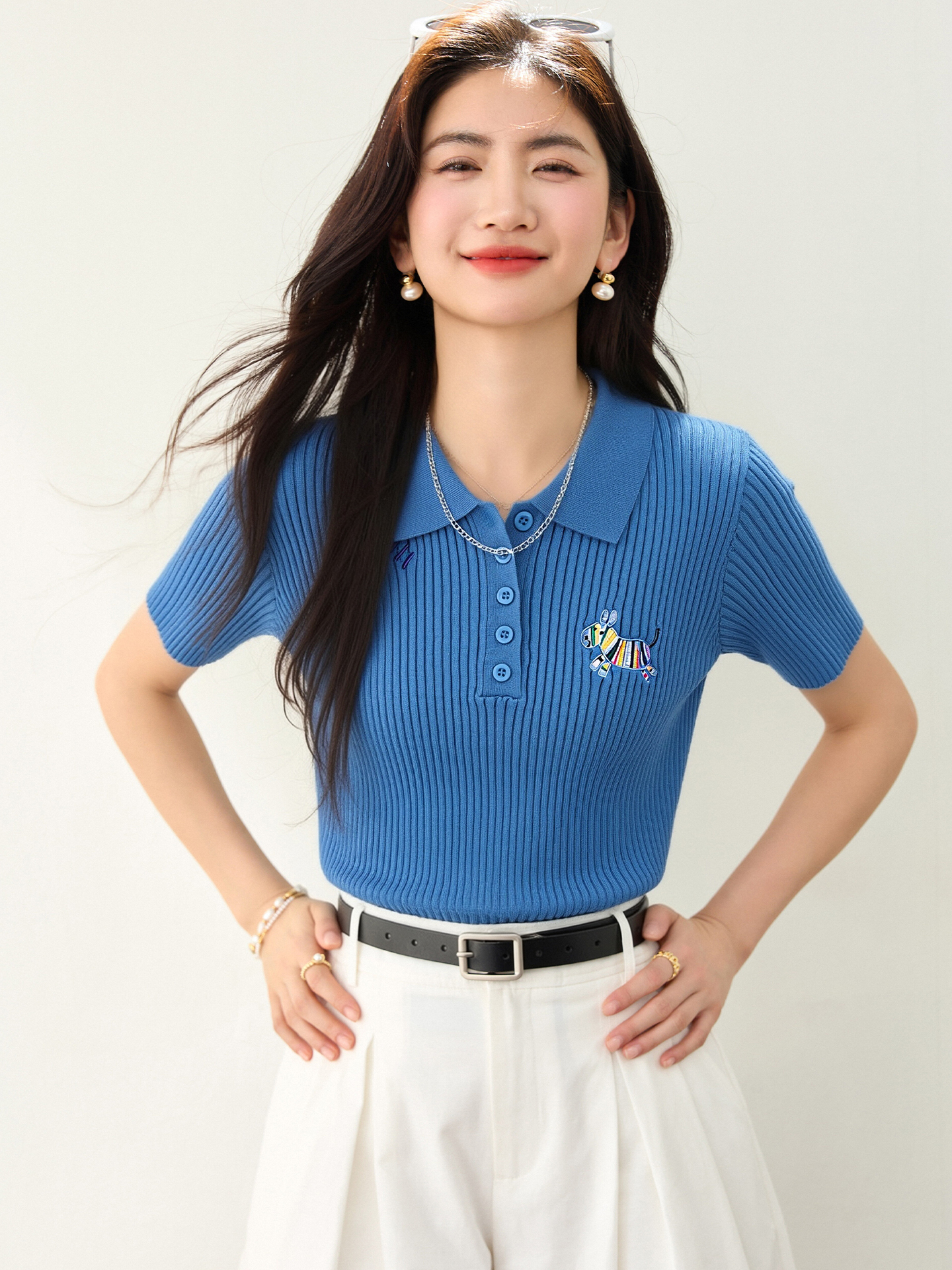 實拍◆有◆2026夏季藍色正肩短袖針織衫夏洋氣減齡時尚polo領上衣