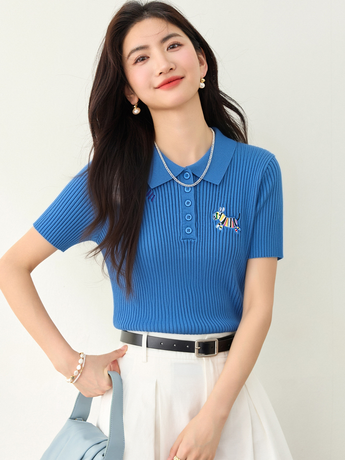 實拍◆有◆2026夏季藍色正肩短袖針織衫夏洋氣減齡時尚polo領上衣