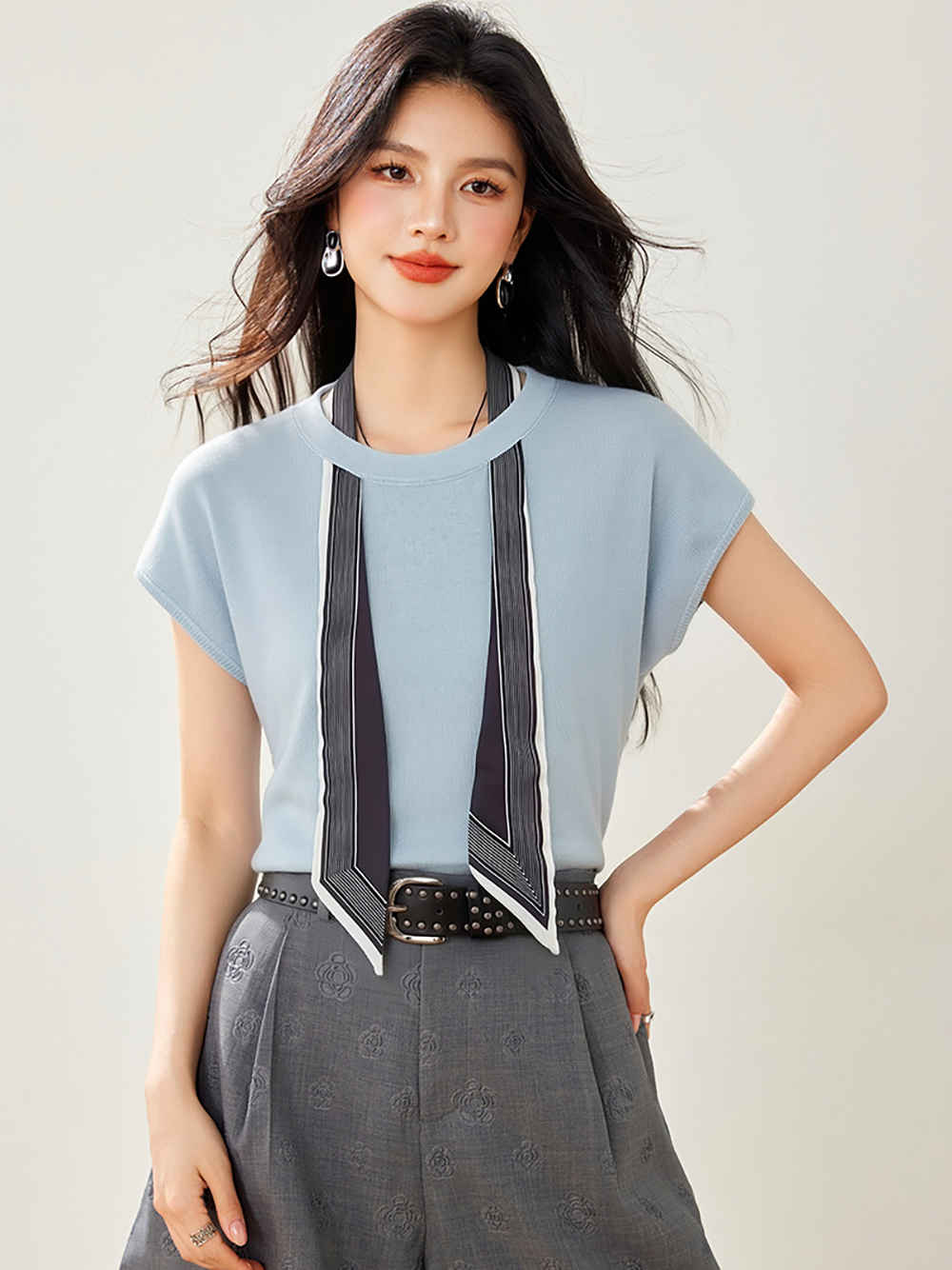 實拍◆有◆2026夏季甜美氣質輕奢高級感飄帶短袖針織衫上衣