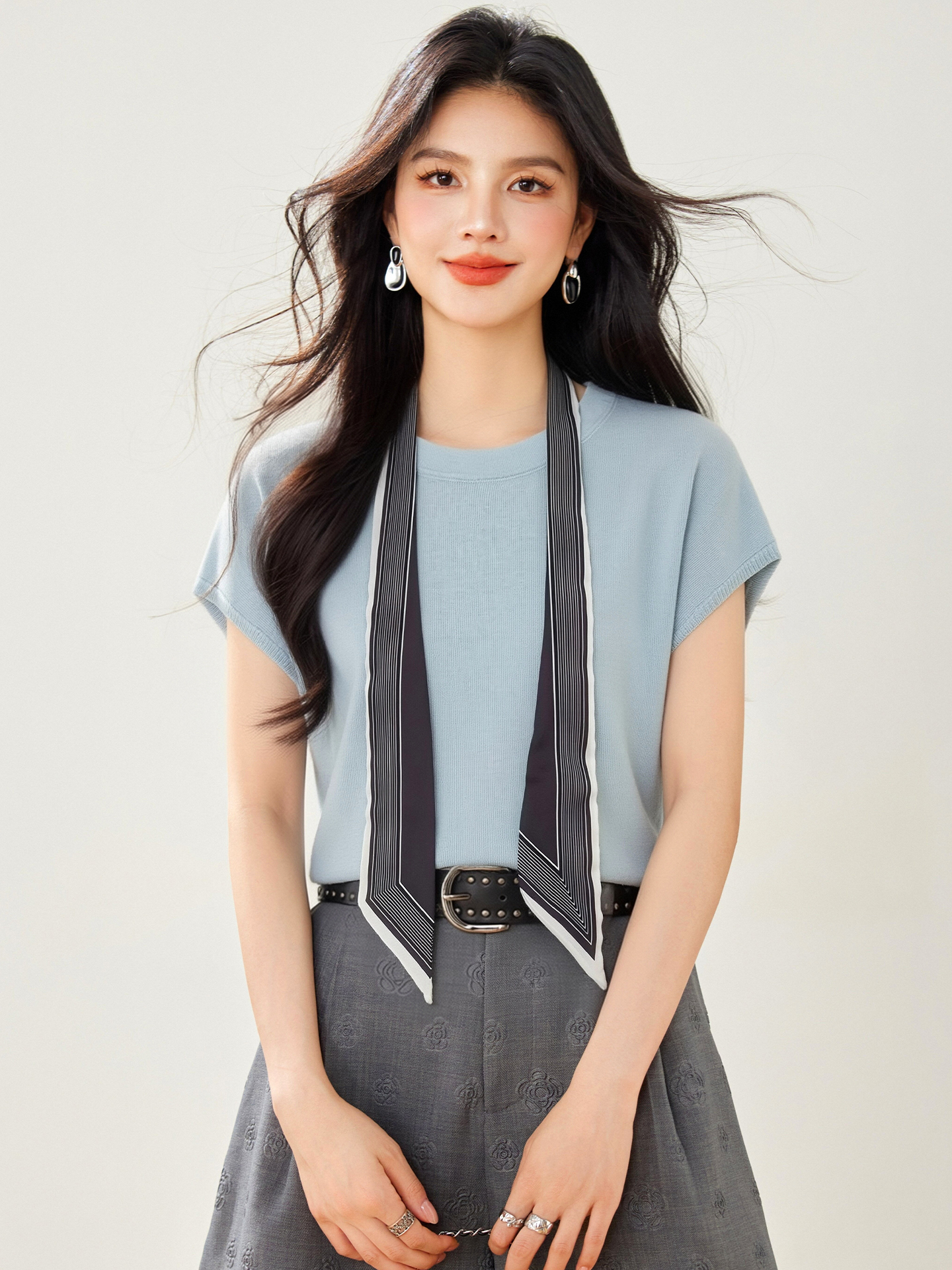 實拍◆有◆2026夏季甜美氣質輕奢高級感飄帶短袖針織衫上衣