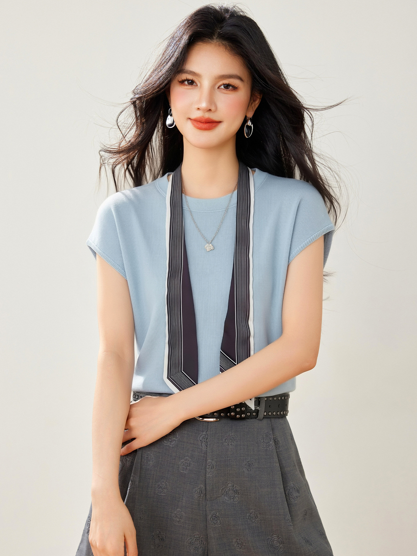 實拍◆有◆2026夏季甜美氣質輕奢高級感飄帶短袖針織衫上衣