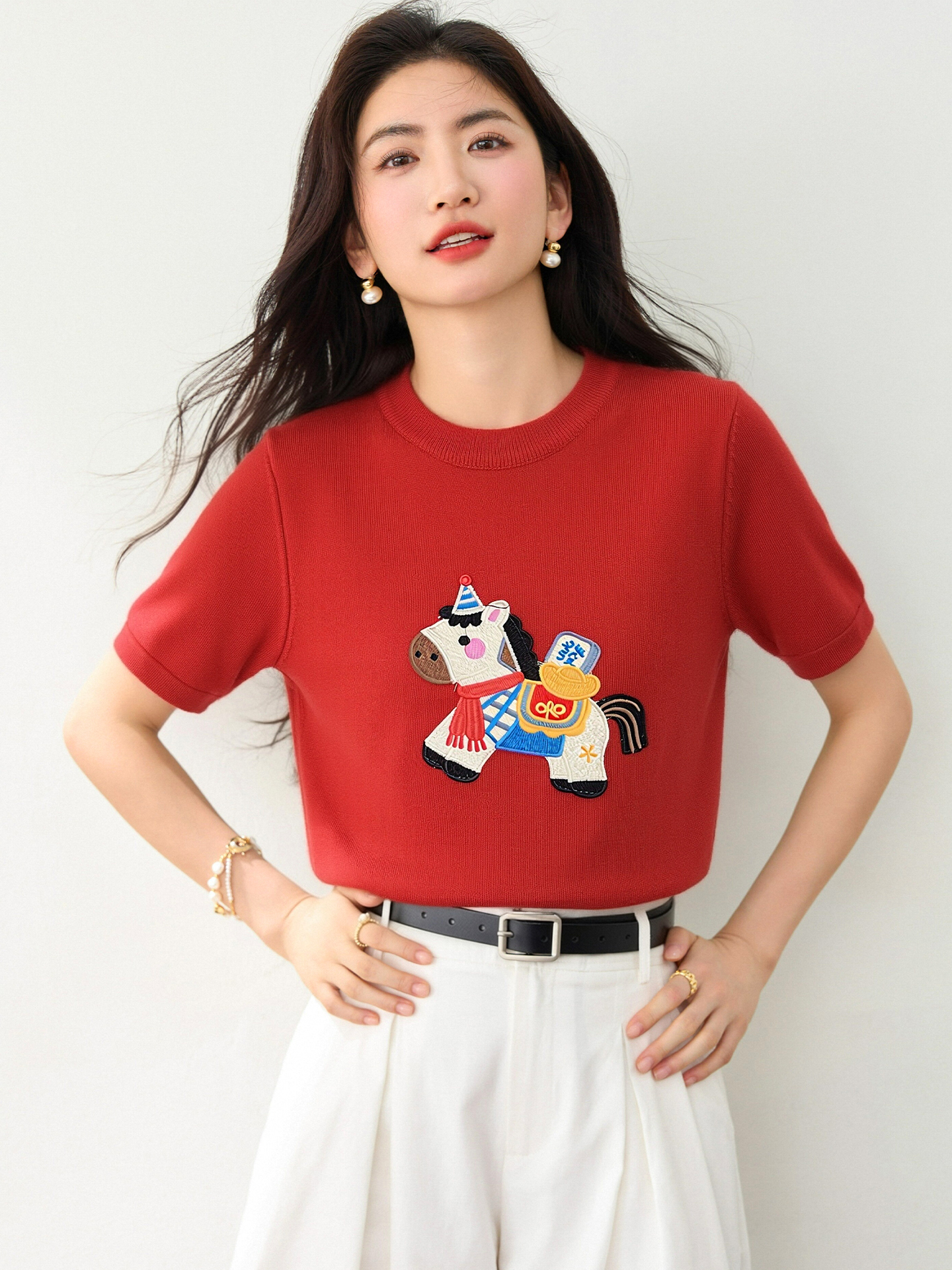 實拍◆有◆2026紅色小馬設計感寬松中長款短袖T恤女針織