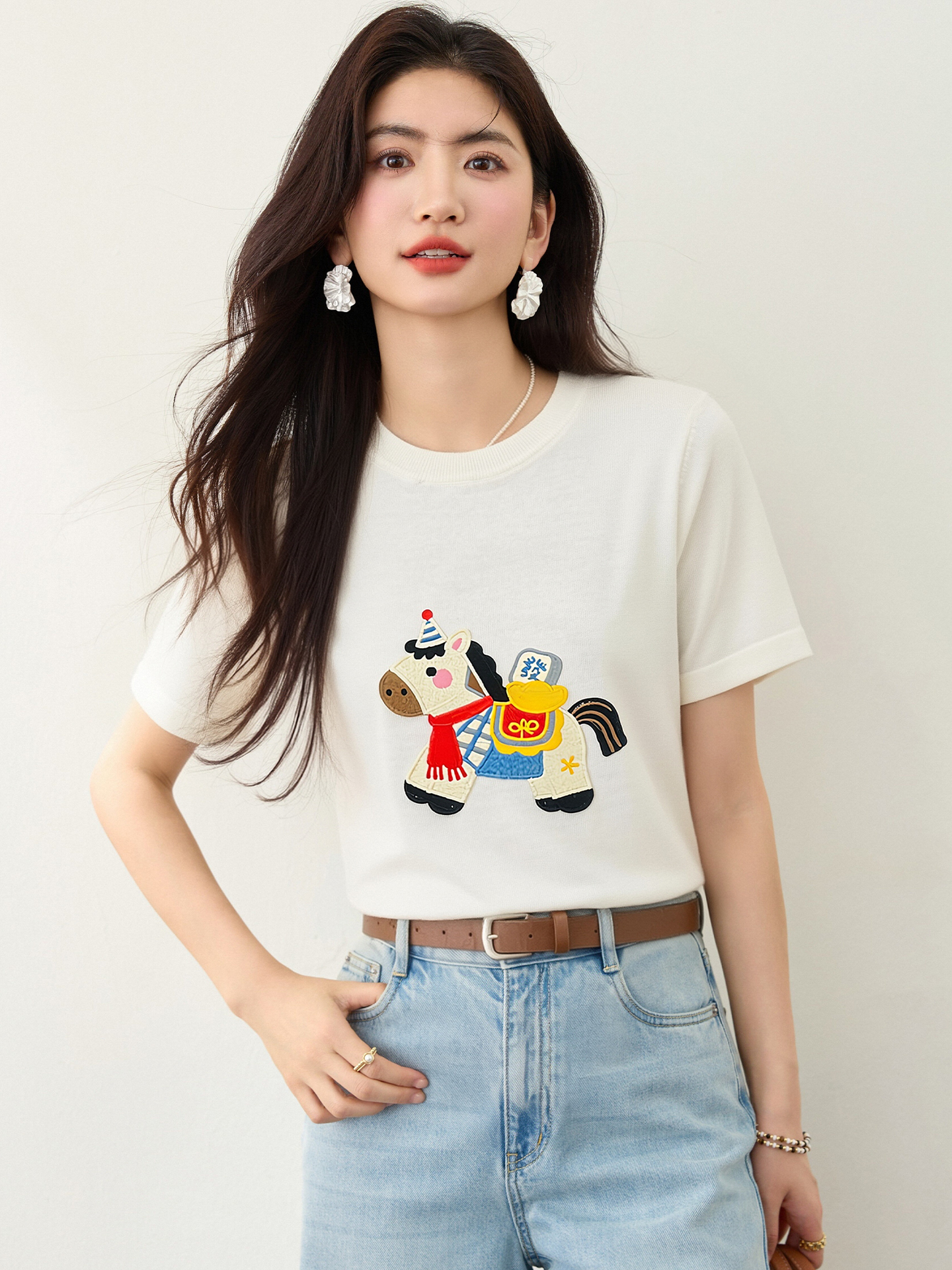 實拍◆有◆2026紅色小馬設計感寬松中長款短袖T恤女針織