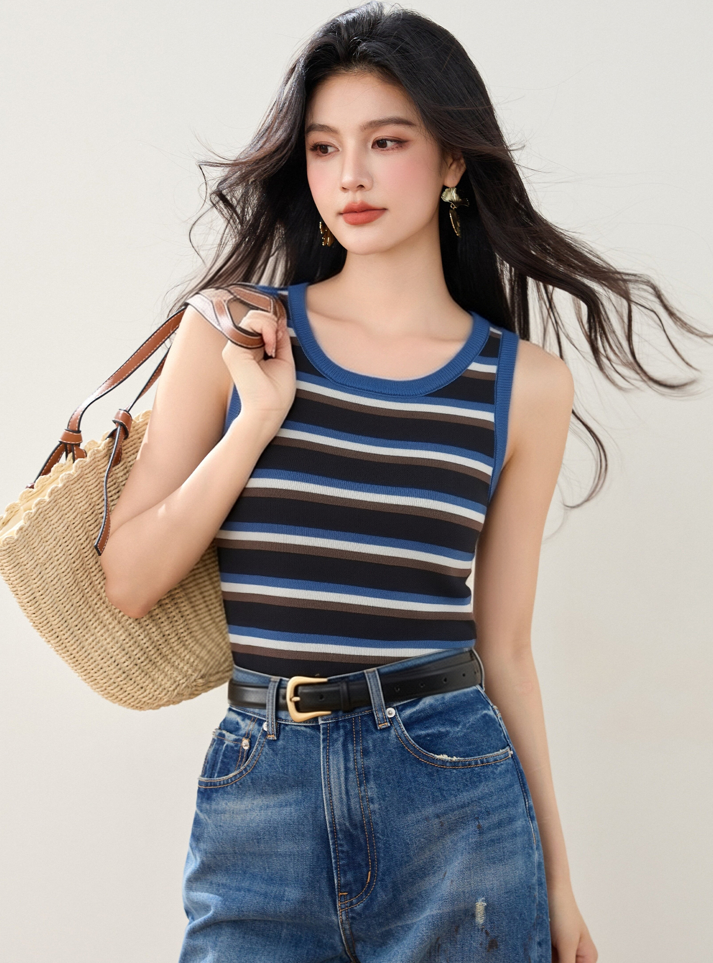 實拍◆有◆2026美式辣妹打底條紋針織吊帶背心女修身顯瘦無袖上衣