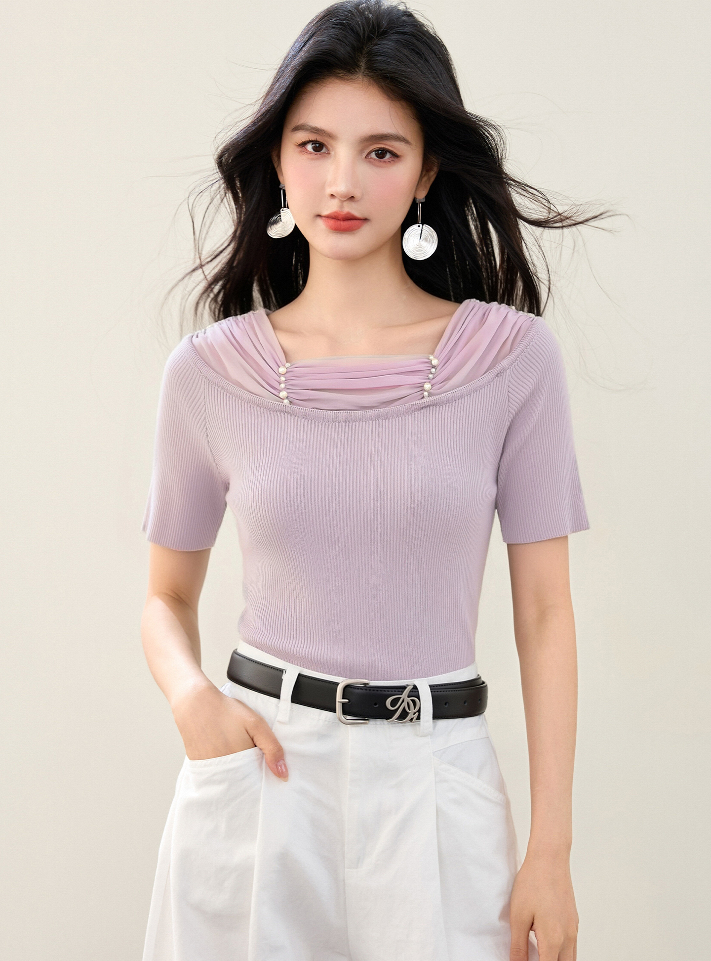 實拍◆有◆2026夏法式風一字肩花朵裝飾針織衫女短袖修身顯瘦上衣