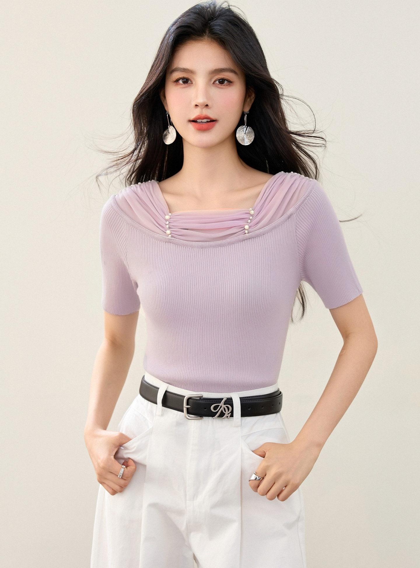 實拍◆有◆2026夏法式風一字肩花朵裝飾針織衫女短袖修身顯瘦上衣