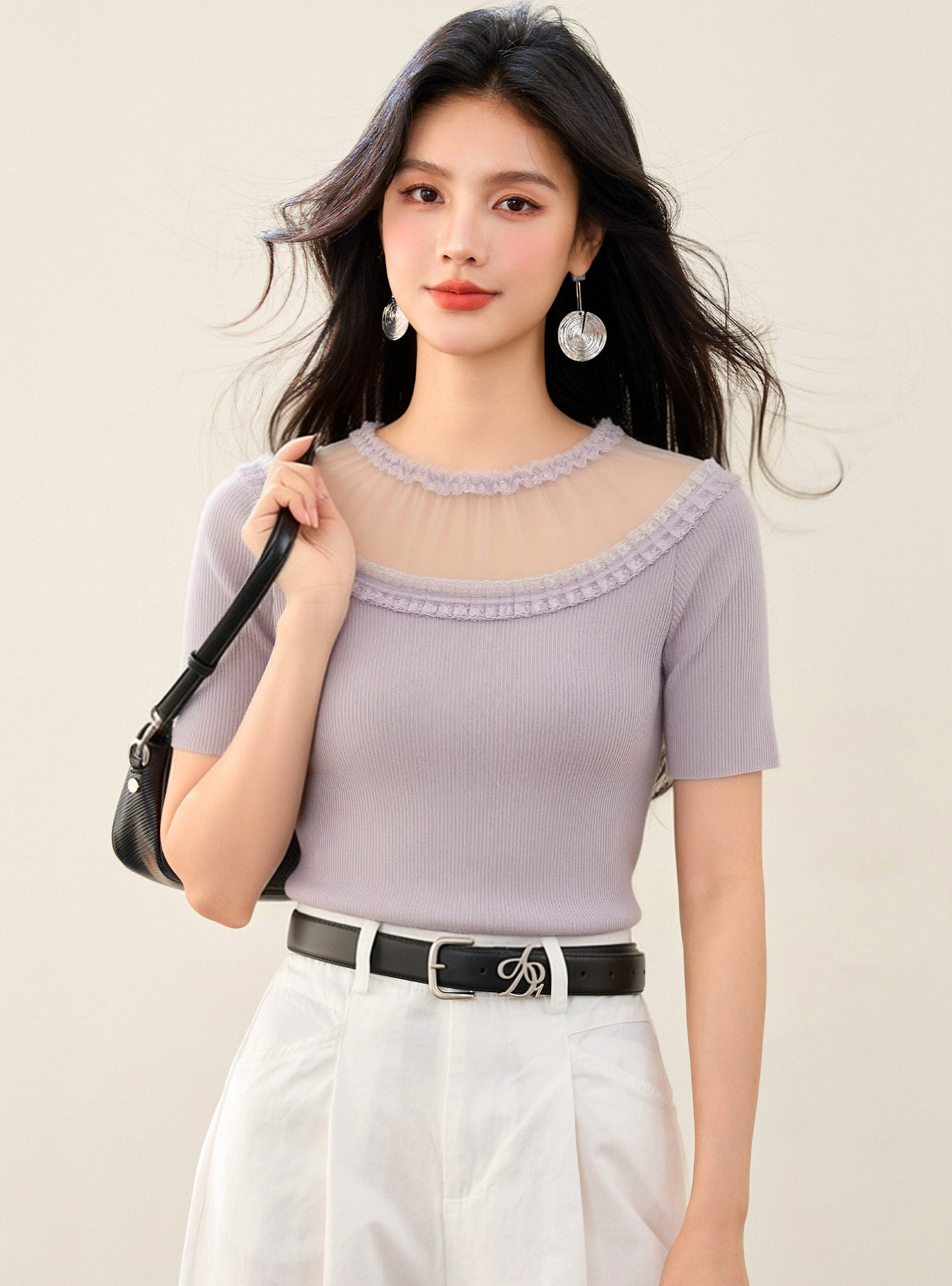 實拍◆有◆2026溫柔風蕾絲拼接短袖針織衫女夏季修身顯瘦氣質上衣