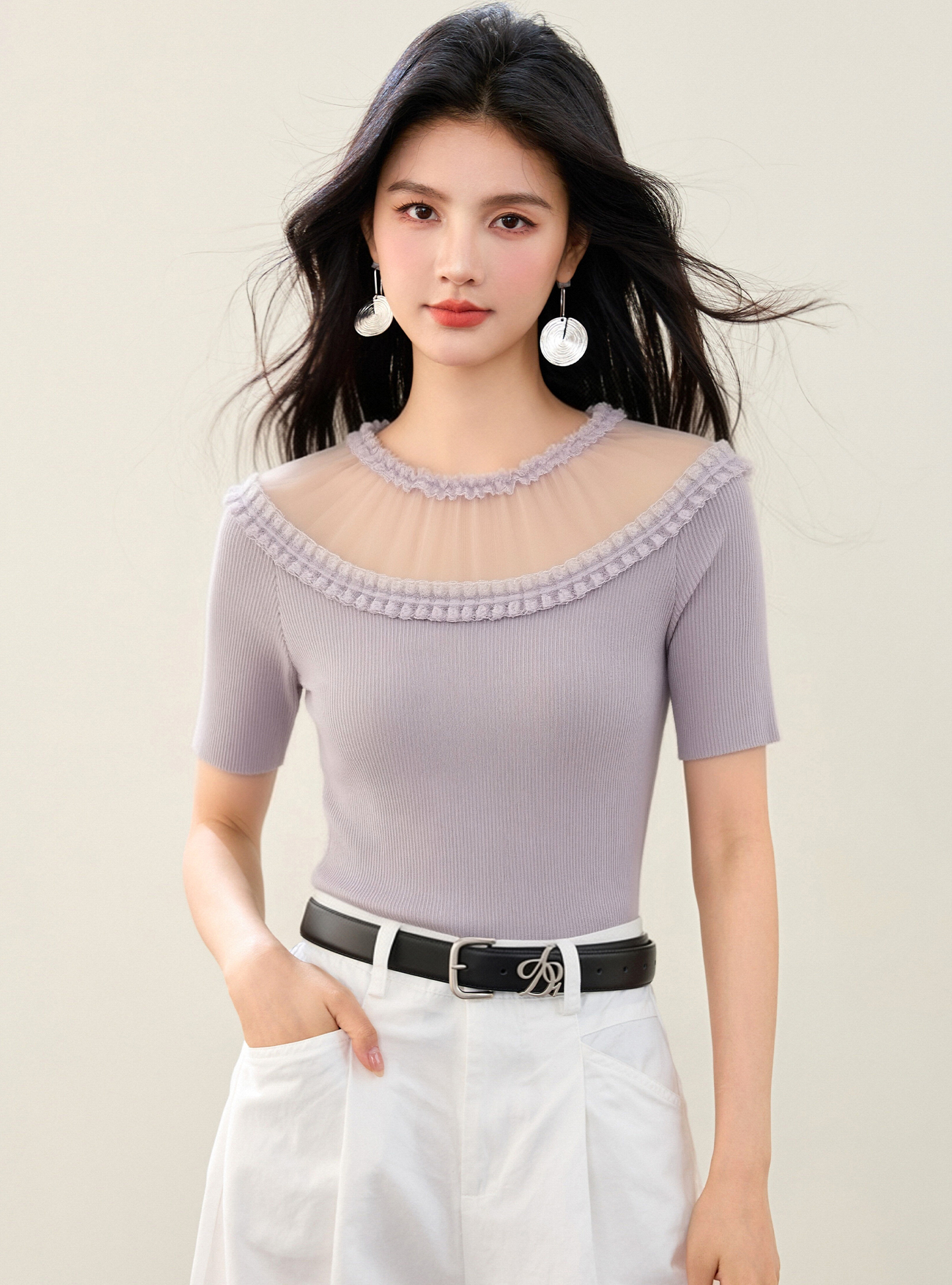 實拍◆有◆2026溫柔風蕾絲拼接短袖針織衫女夏季修身顯瘦氣質上衣
