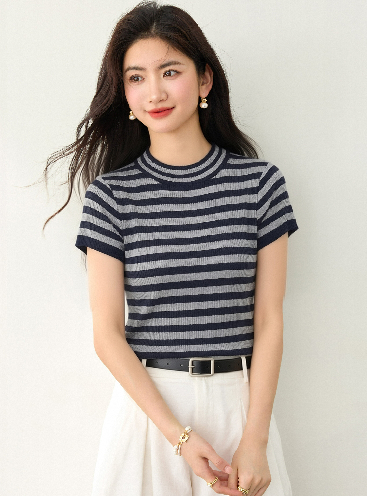 實拍◆有◆2026美式復古條紋針織短袖T恤新款修身圓領設計感上衣