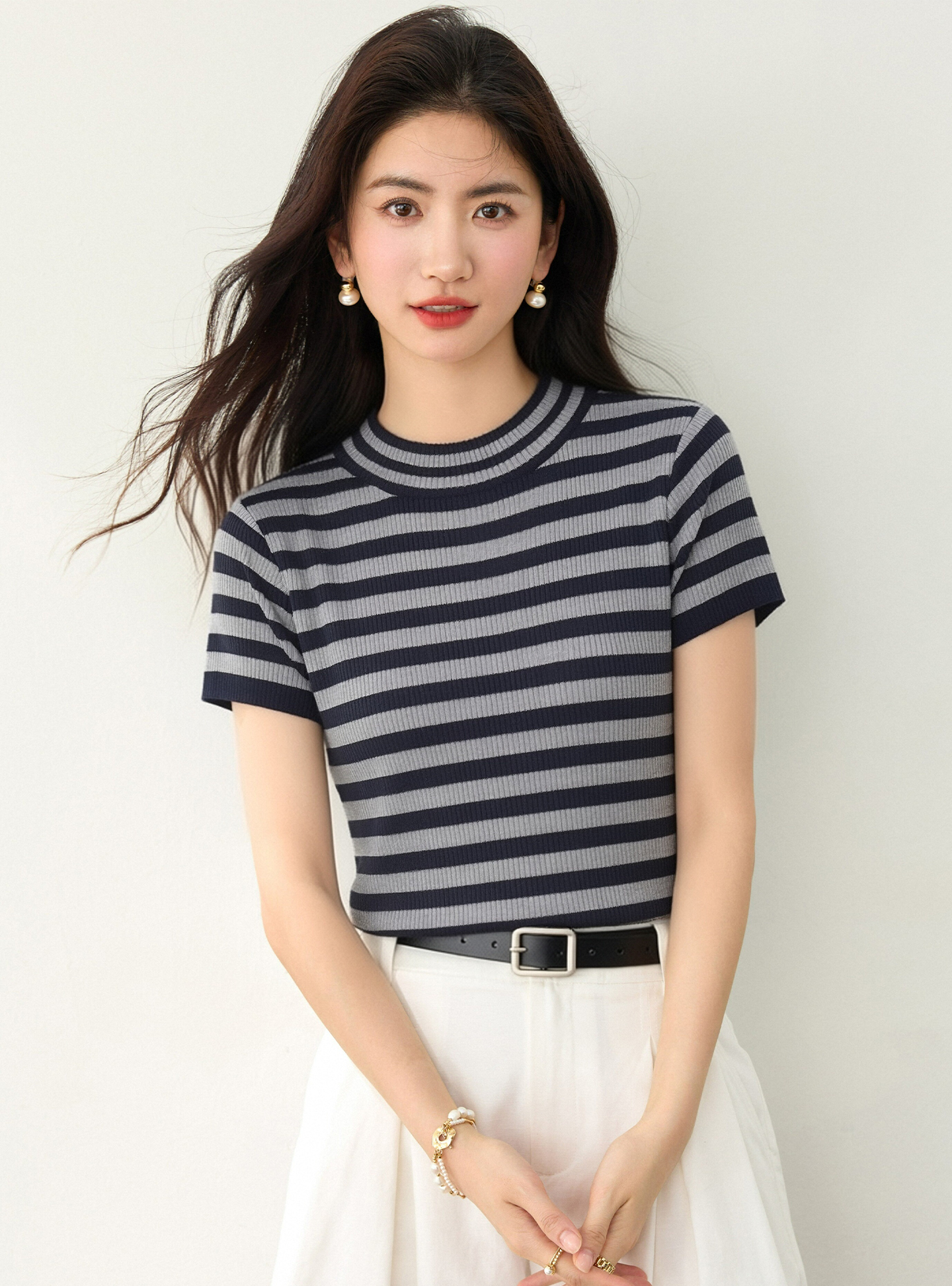 實拍◆有◆2026美式復古條紋針織短袖T恤新款修身圓領設計感上衣