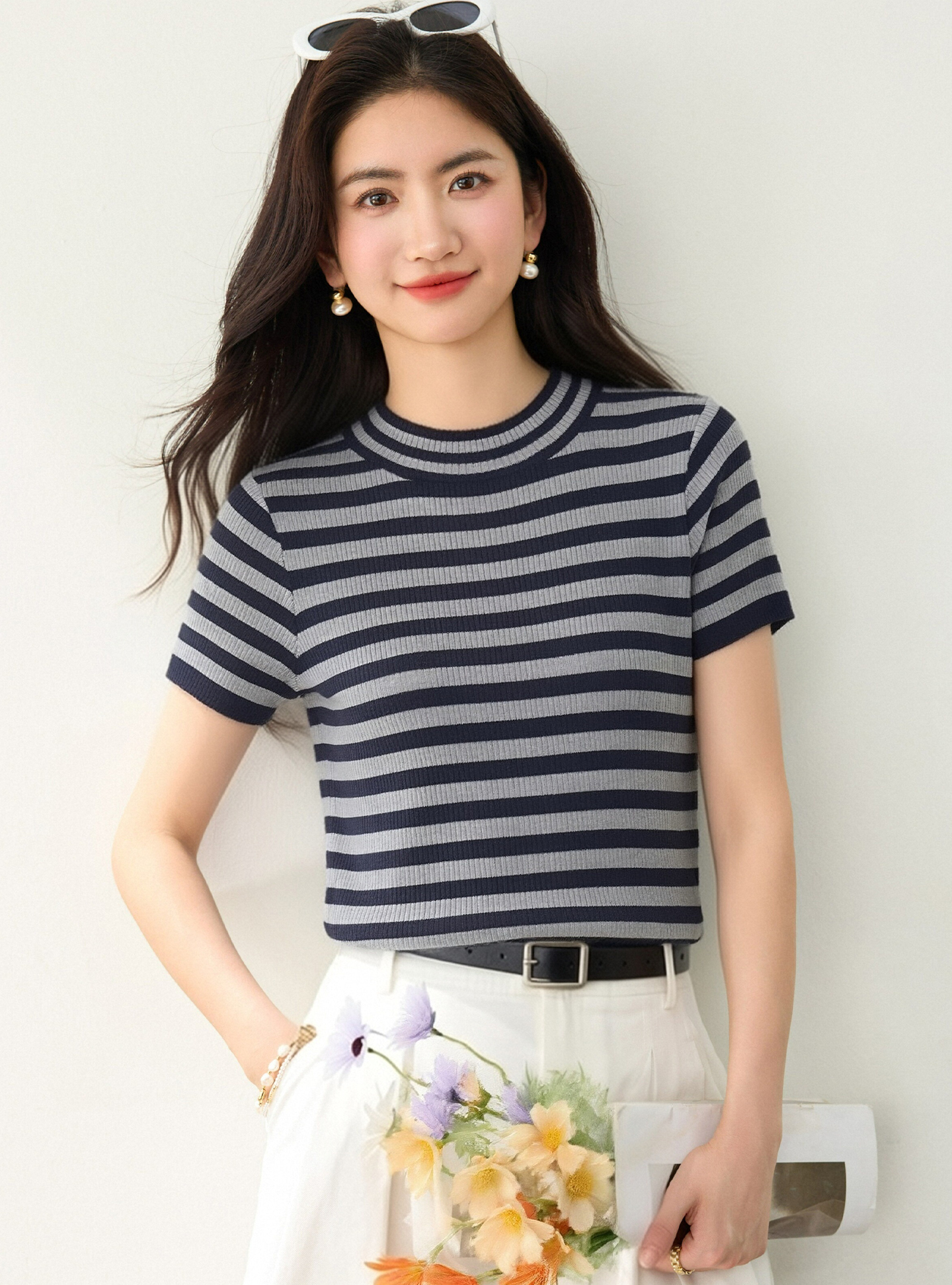 實拍◆有◆2026美式復古條紋針織短袖T恤新款修身圓領設計感上衣