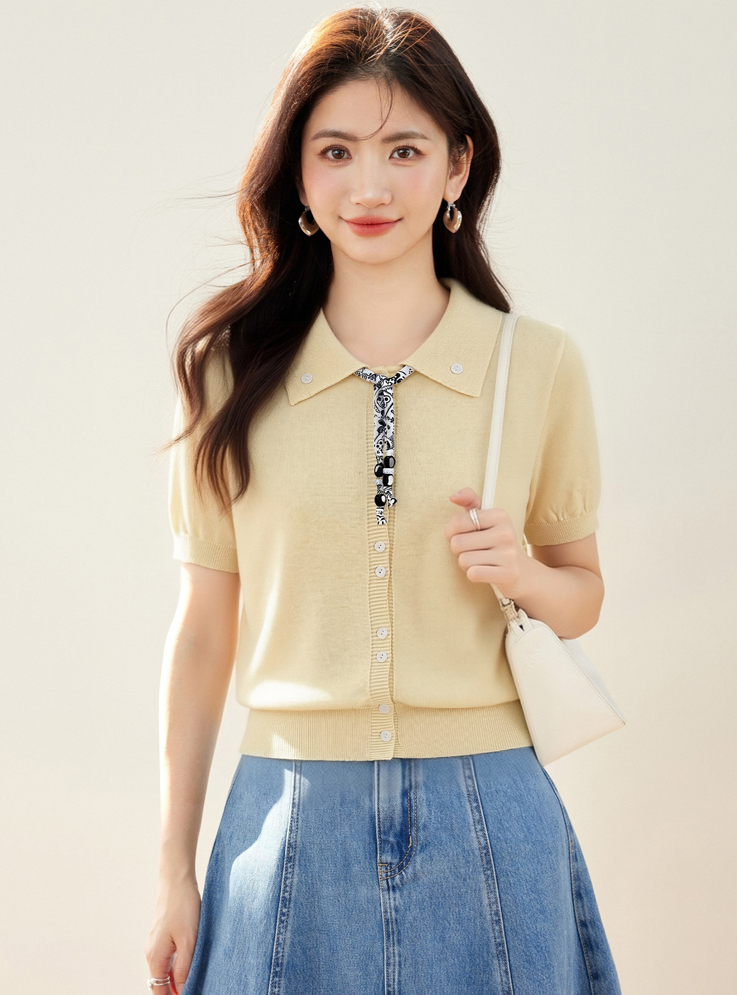 實拍◆有◆2026設計感別致絲巾翻領短袖開衫女新款寬松休閑上衣