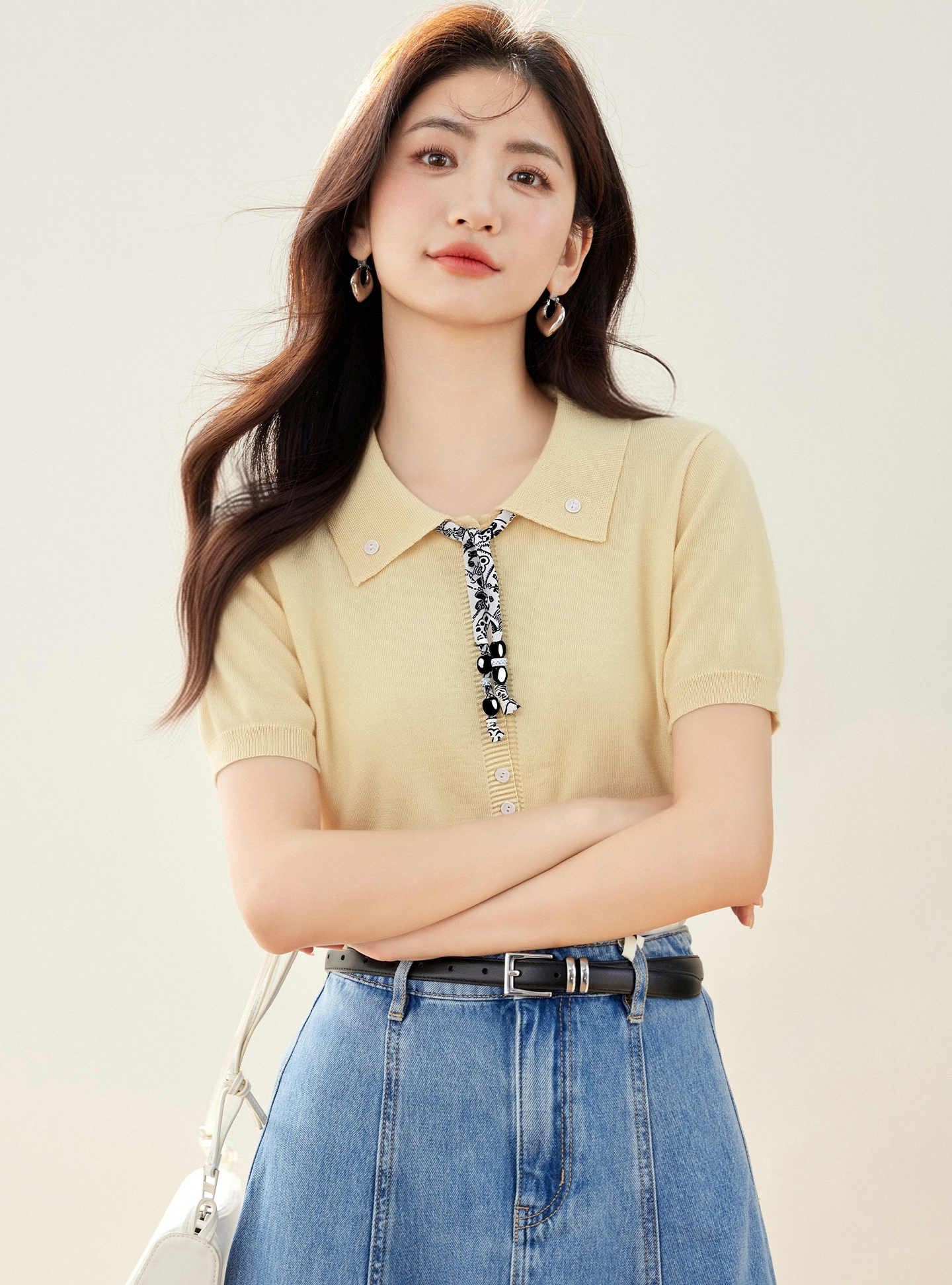 實拍◆有◆2026設計感別致絲巾翻領短袖開衫女新款寬松休閑上衣