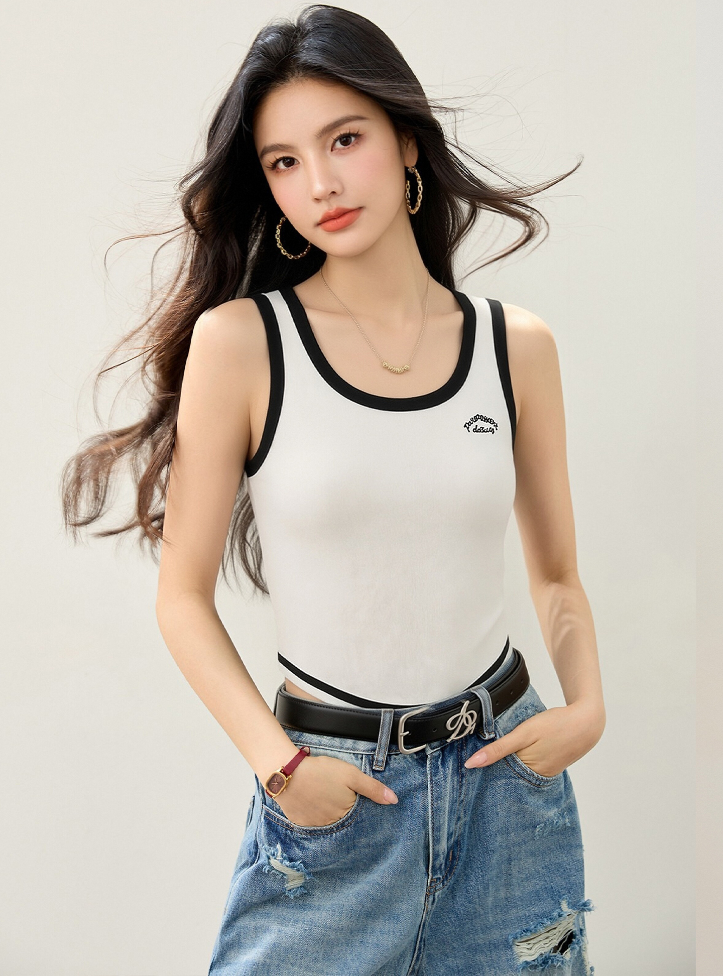 實拍◆有◆2026夏季工字背心女字母刺繡針織打底衫修身無袖上衣潮