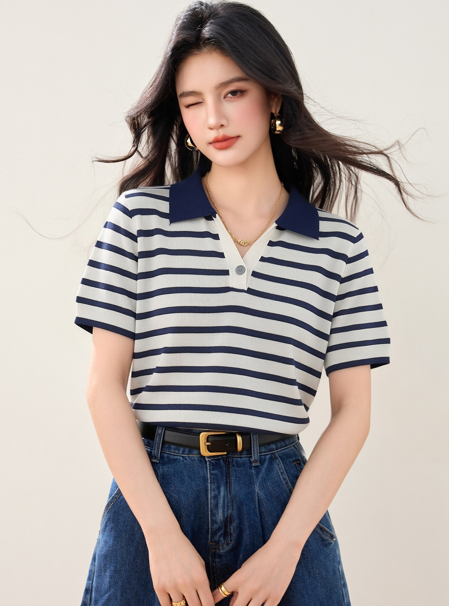 實拍◆有◆2026學院風撞色條紋POLO領針織女短袖透氣顯瘦百搭上衣