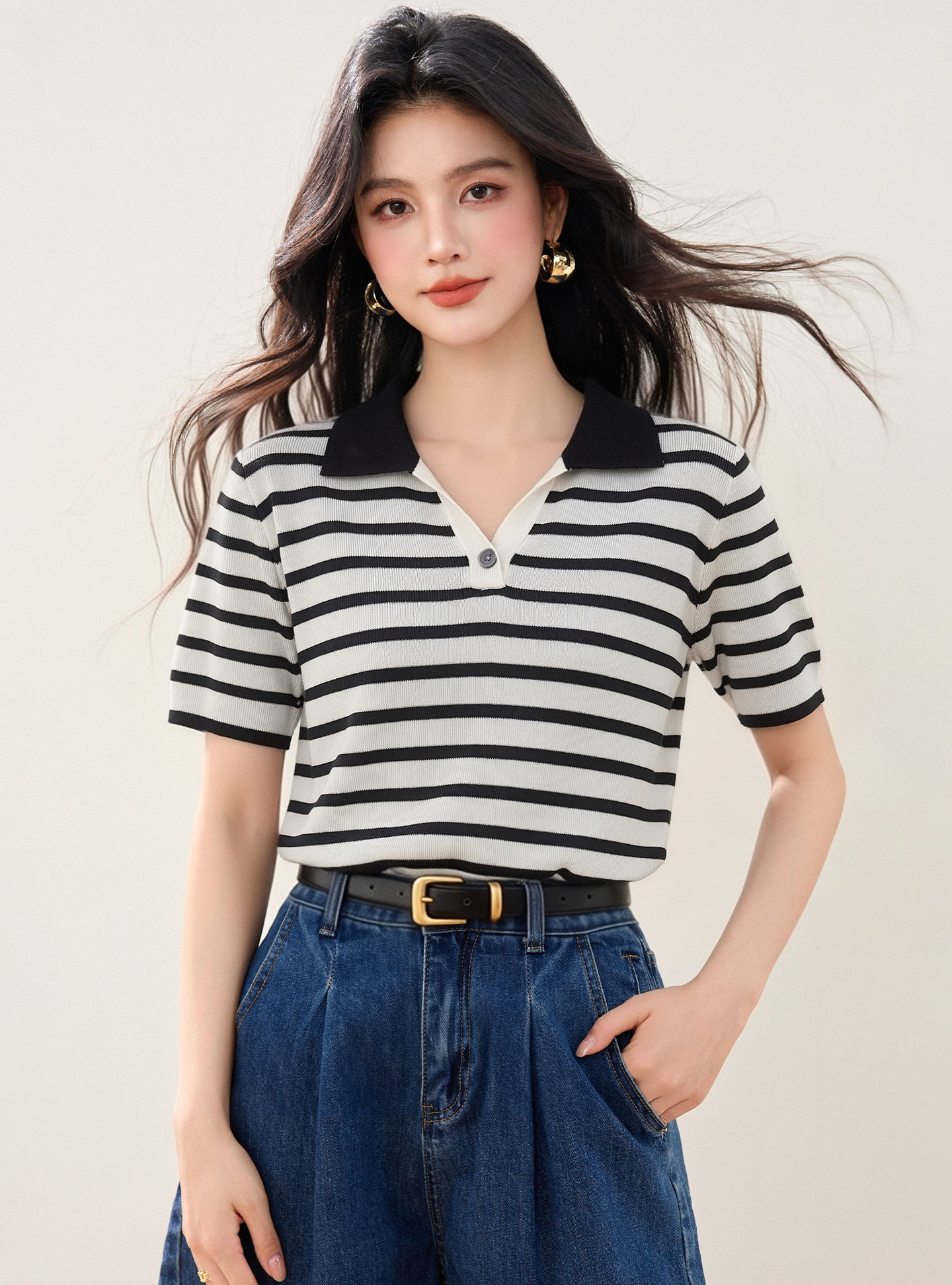 實拍◆有◆2026學院風撞色條紋POLO領針織女短袖透氣顯瘦百搭上衣