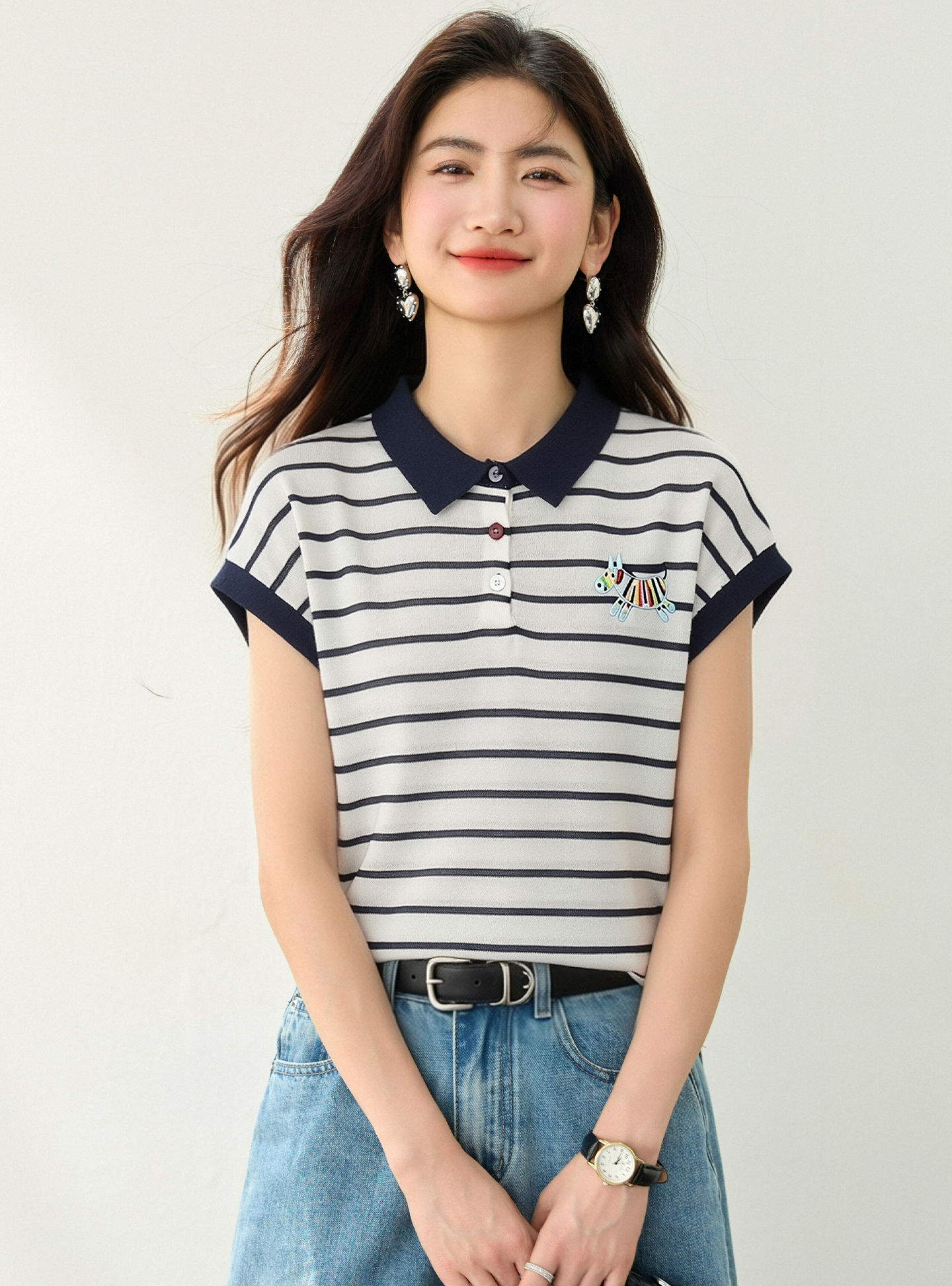 實拍◆有◆2026航海系藍色條紋polo領短袖T恤女夏季新款休閑上衣