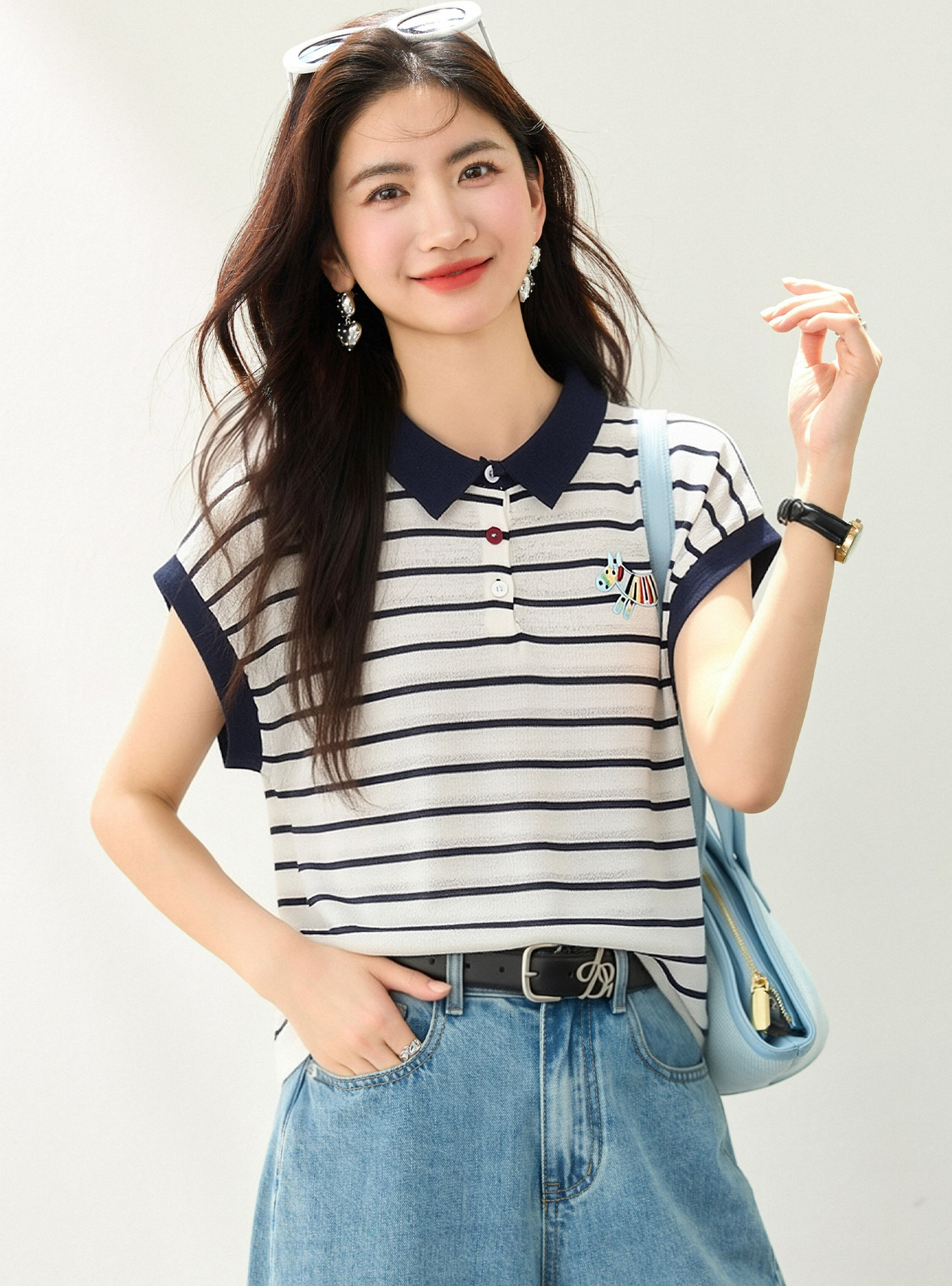 實拍◆有◆2026航海系藍色條紋polo領短袖T恤女夏季新款休閑上衣