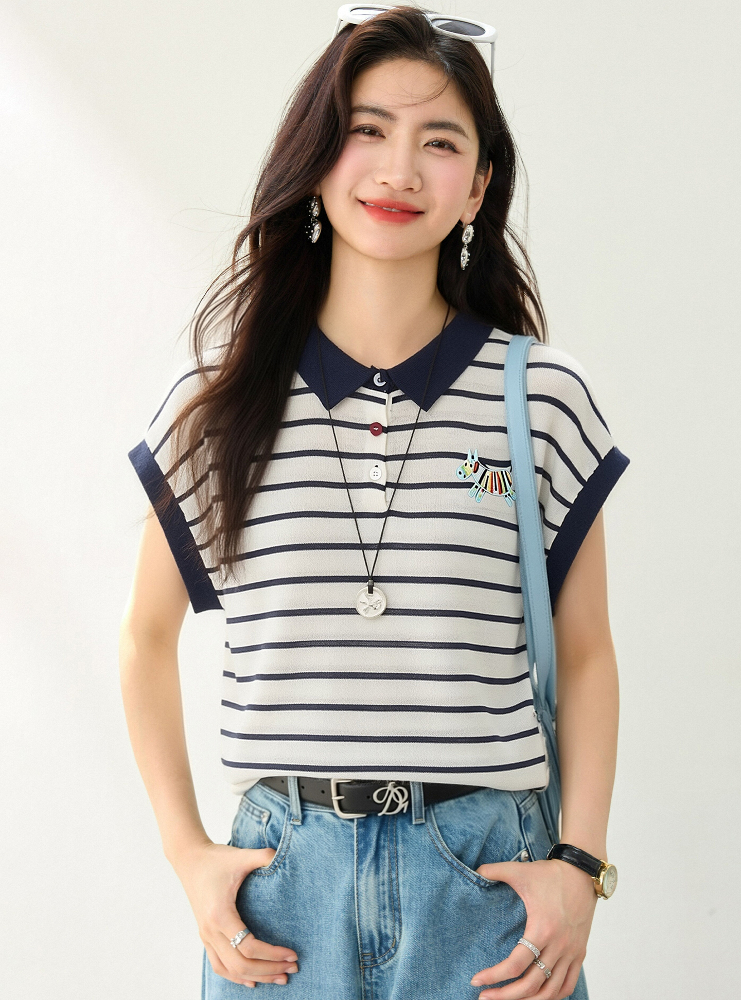實拍◆有◆2026航海系藍色條紋polo領短袖T恤女夏季新款休閑上衣