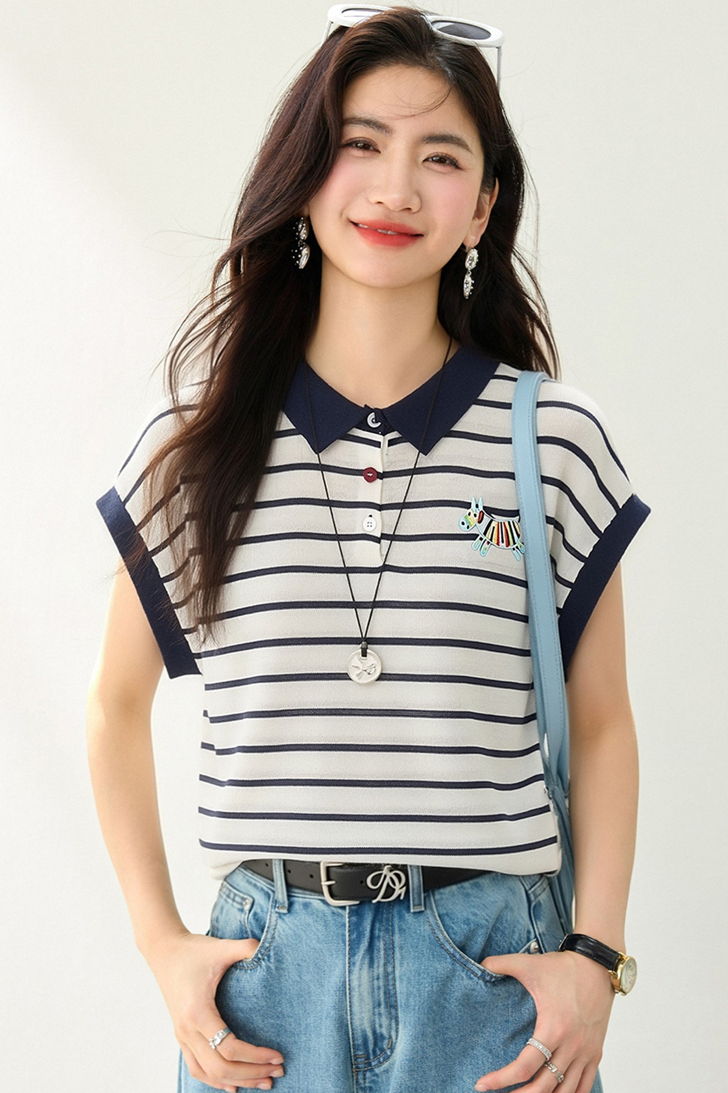 實拍◆有◆2026航海系藍色條紋polo領短袖T恤女夏季新款休閑上衣
