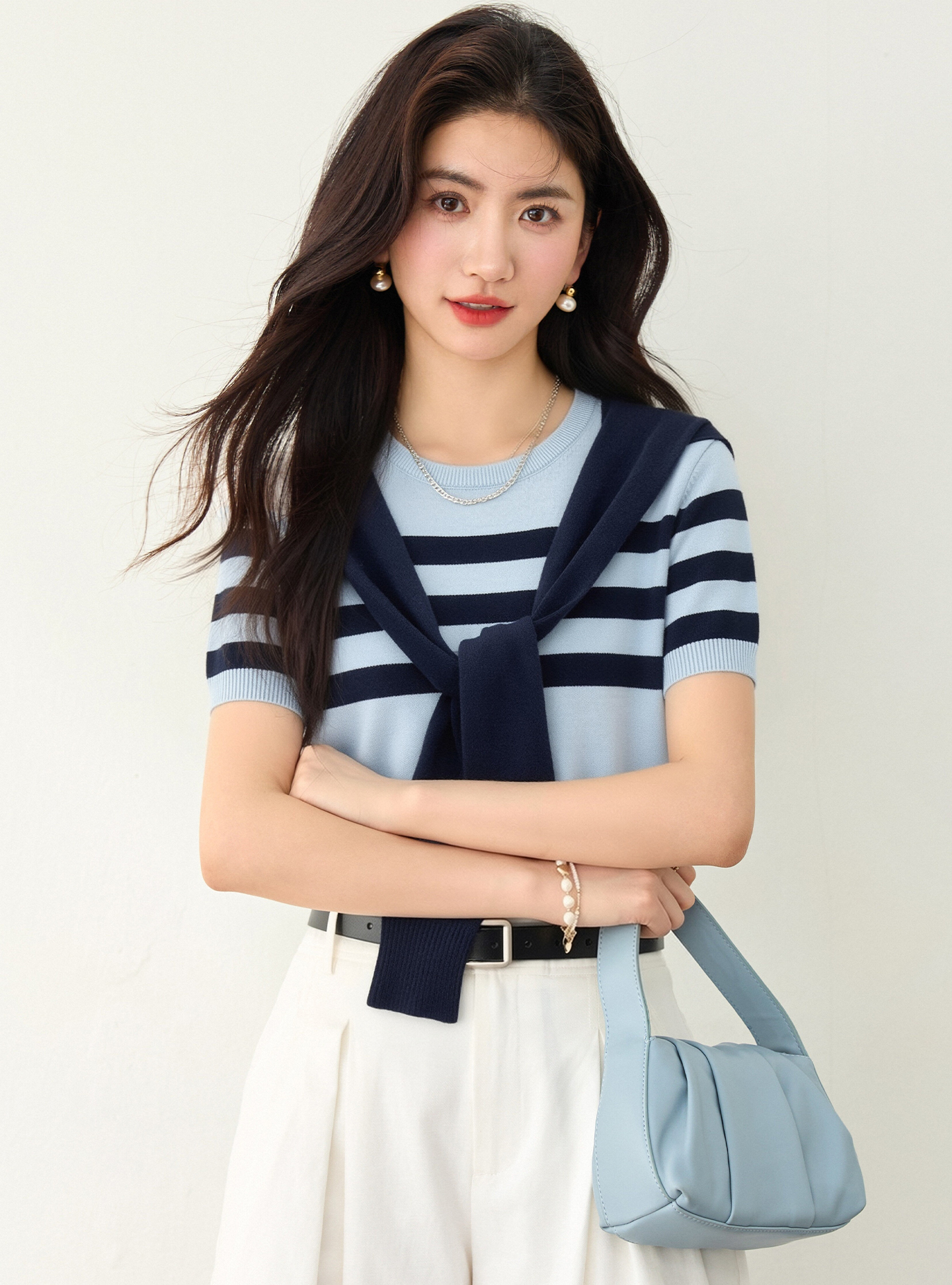 實拍◆有◆2026夏季新款藍色海軍領短袖條紋上衣顯瘦百搭女T恤