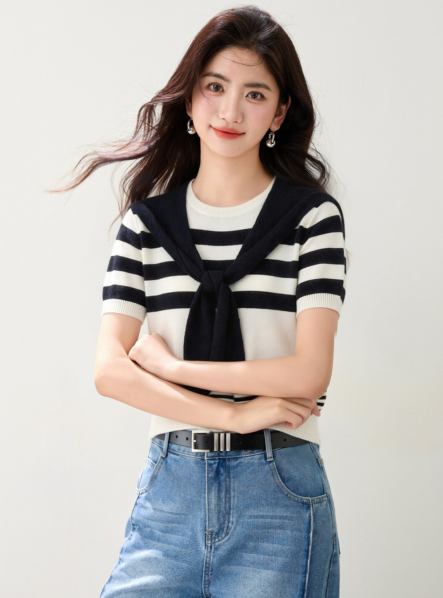 實拍◆有◆2026夏季新款藍色海軍領短袖條紋上衣顯瘦百搭女T恤