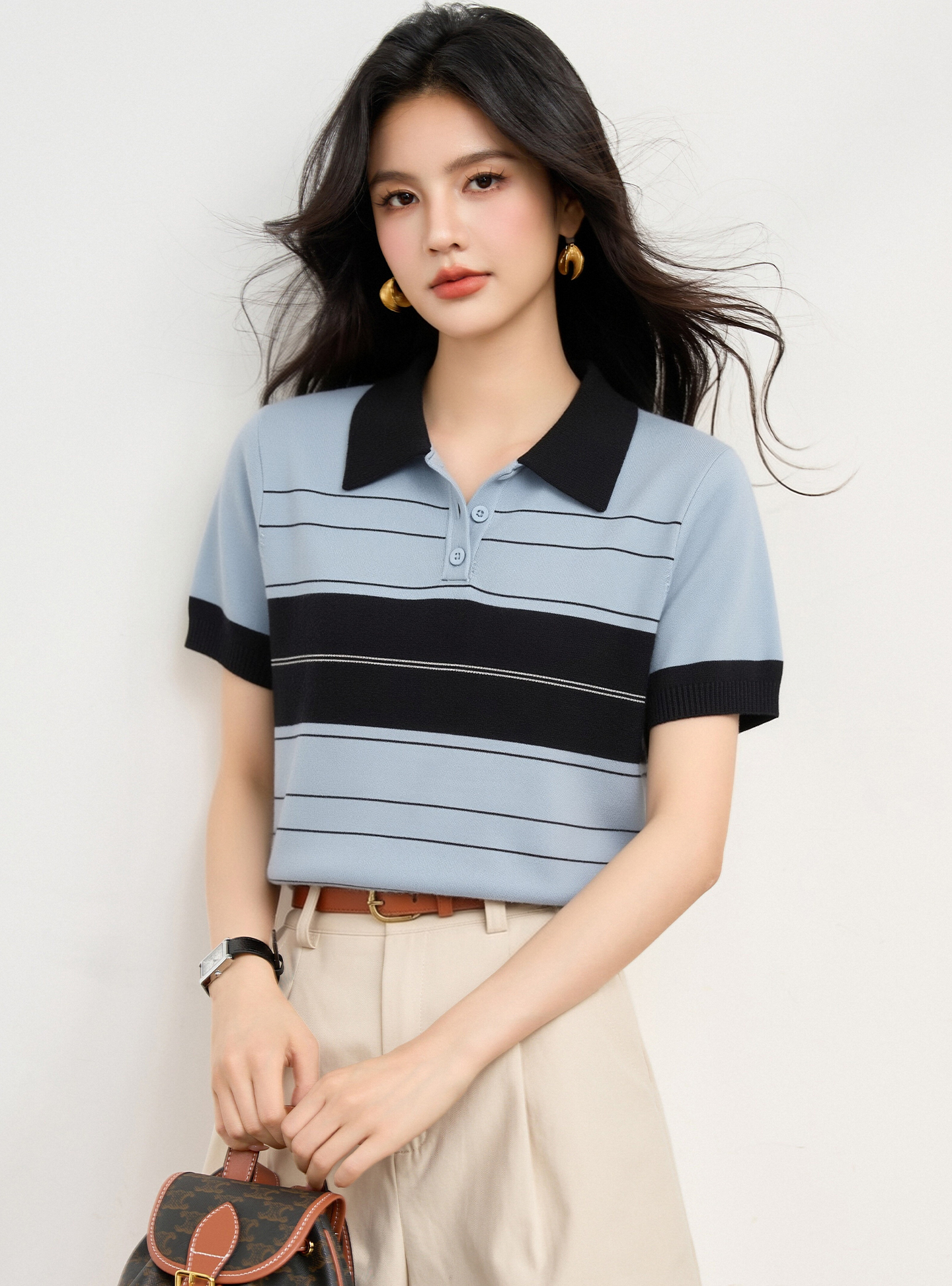 實拍◆有◆2026學院風條紋撞色拼接POLO領針織短袖T恤女韓系上衣