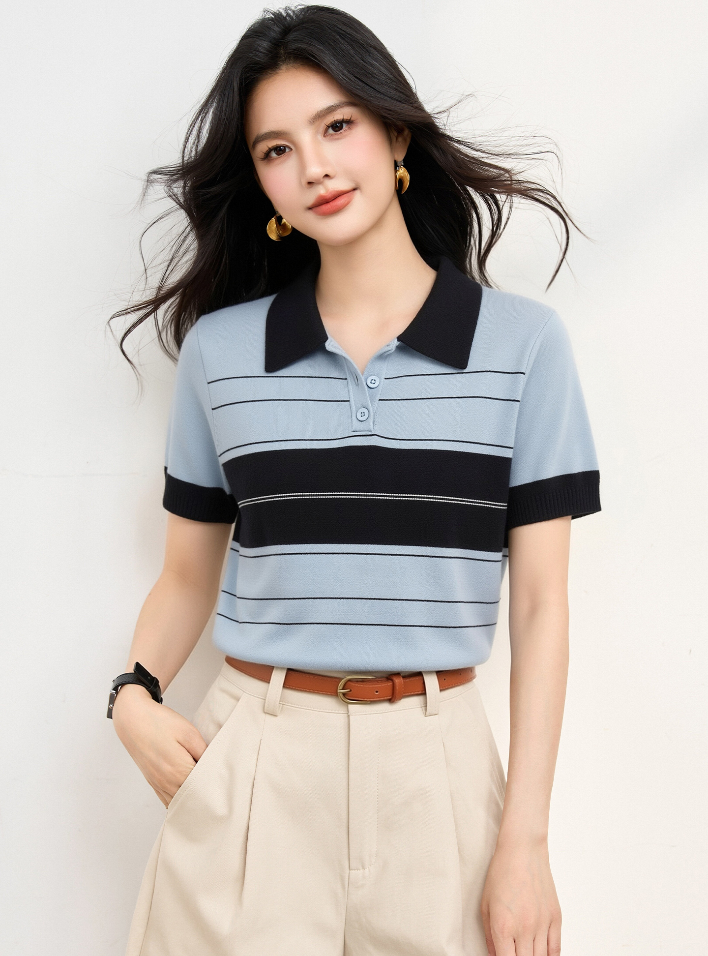 實拍◆有◆2026學院風條紋撞色拼接POLO領針織短袖T恤女韓系上衣