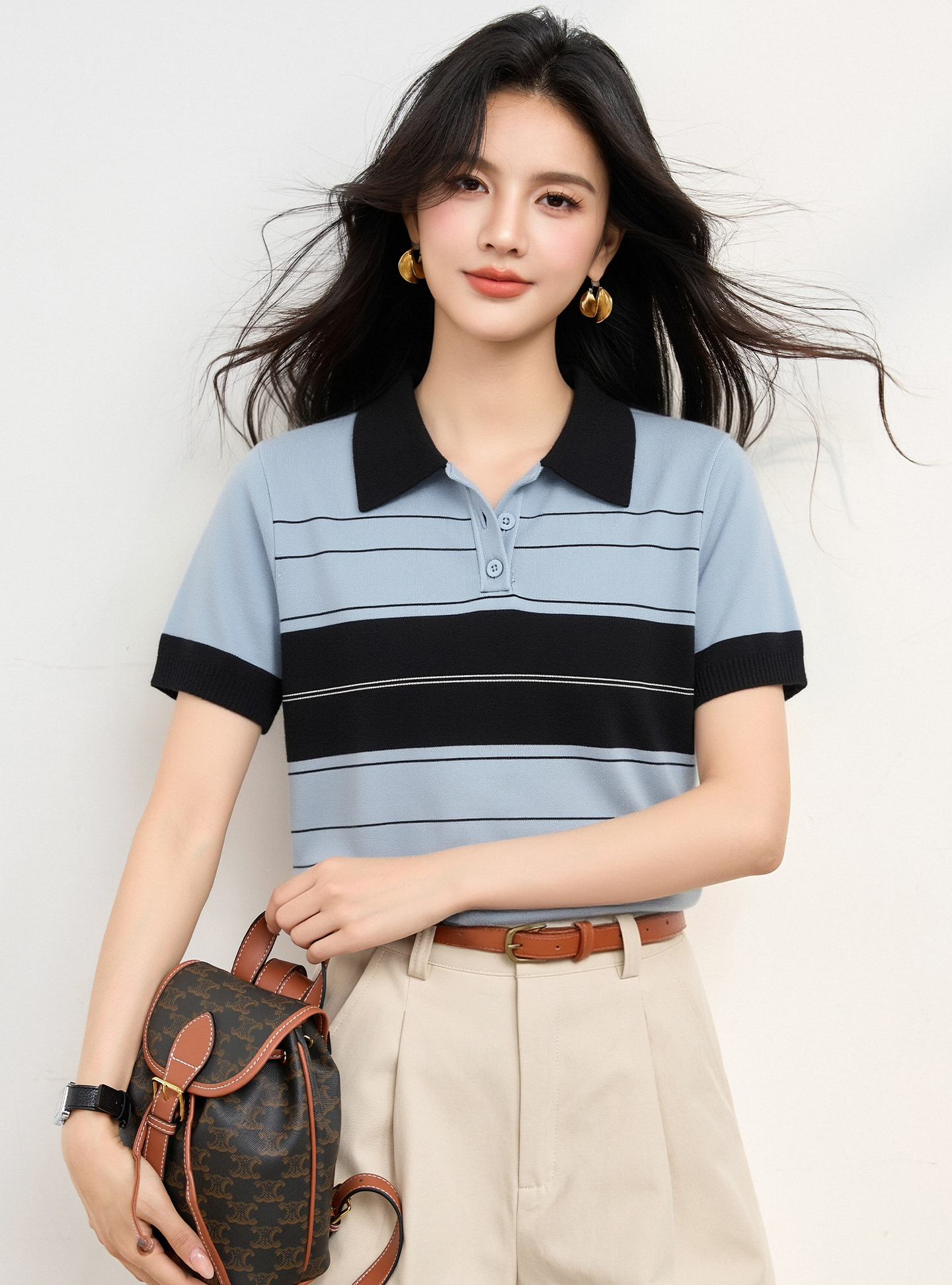 實拍◆有◆2026學院風條紋撞色拼接POLO領針織短袖T恤女韓系上衣