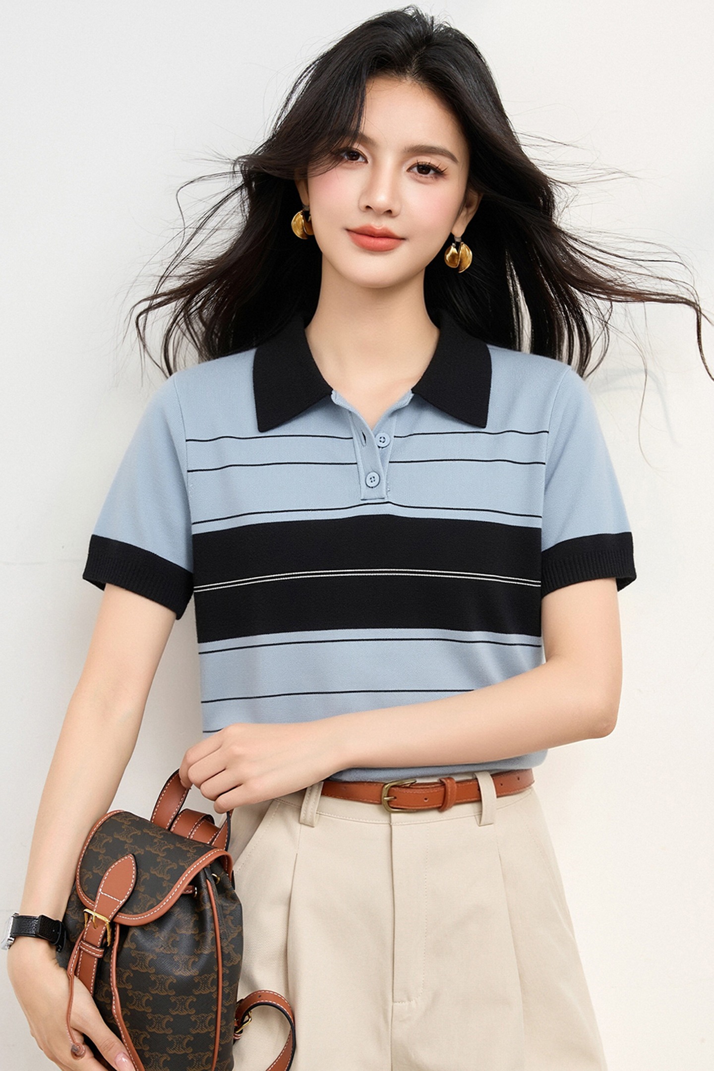 實拍◆有◆2026學院風條紋撞色拼接POLO領針織短袖T恤女韓系上衣