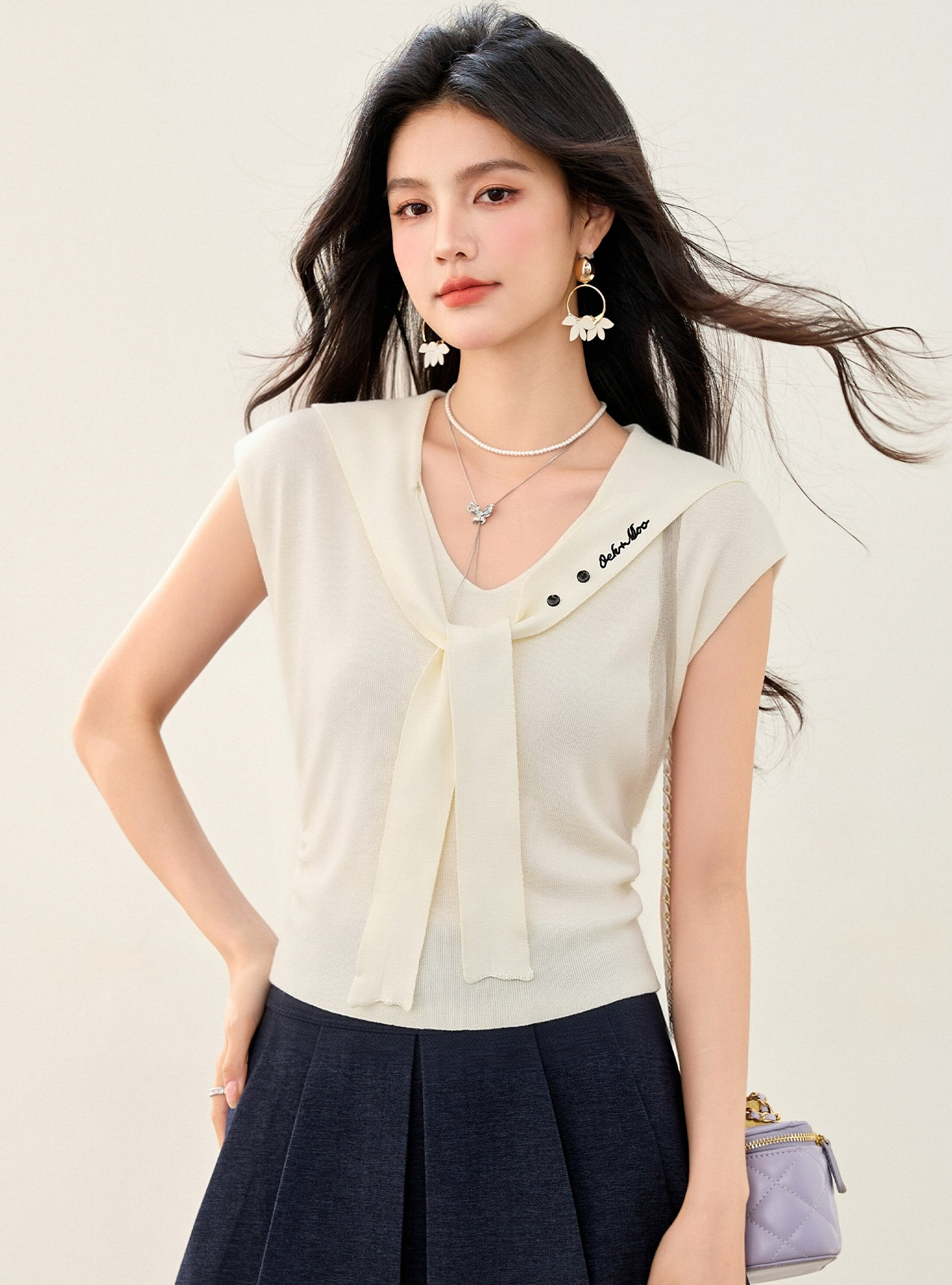 實拍◆有◆2026海軍領刺繡假兩件小飛袖針織女修身V領坎肩上衣