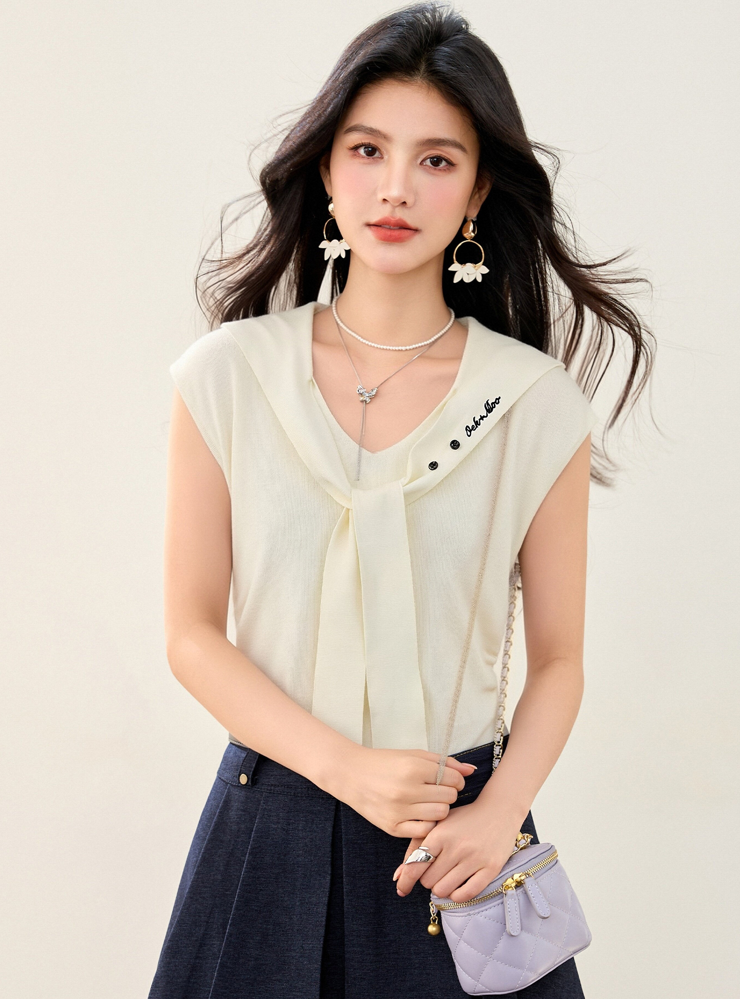 實拍◆有◆2026海軍領刺繡假兩件小飛袖針織女修身V領坎肩上衣
