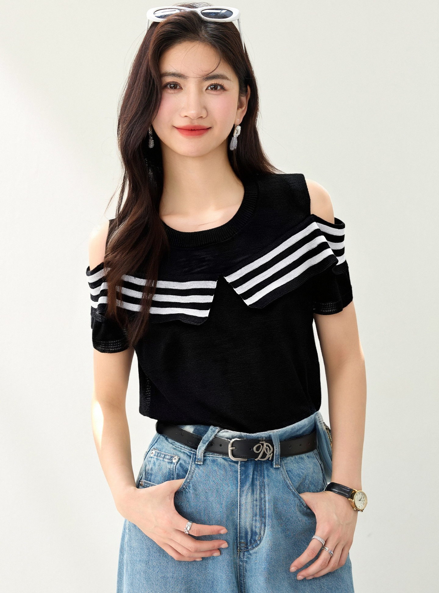 實拍◆有◆2026夏季新款氣質條紋拼接露肩時尚設計感短袖顯瘦上衣