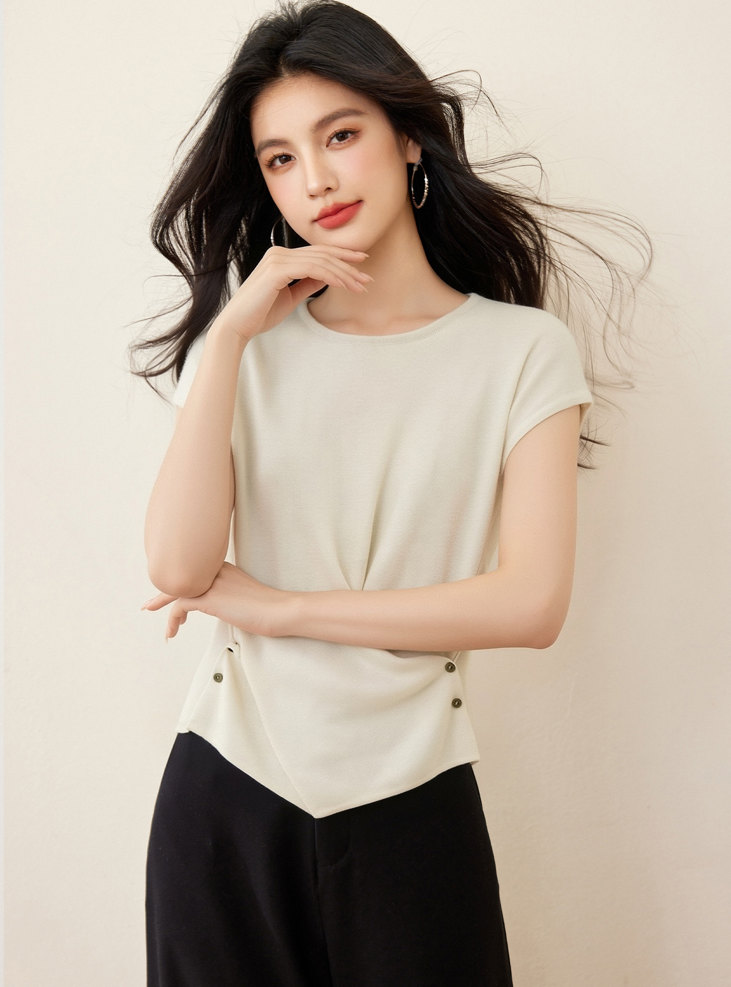 實拍◆有◆2026小飛袖針織短袖t恤女夏季新款不規則修身收腰上衣